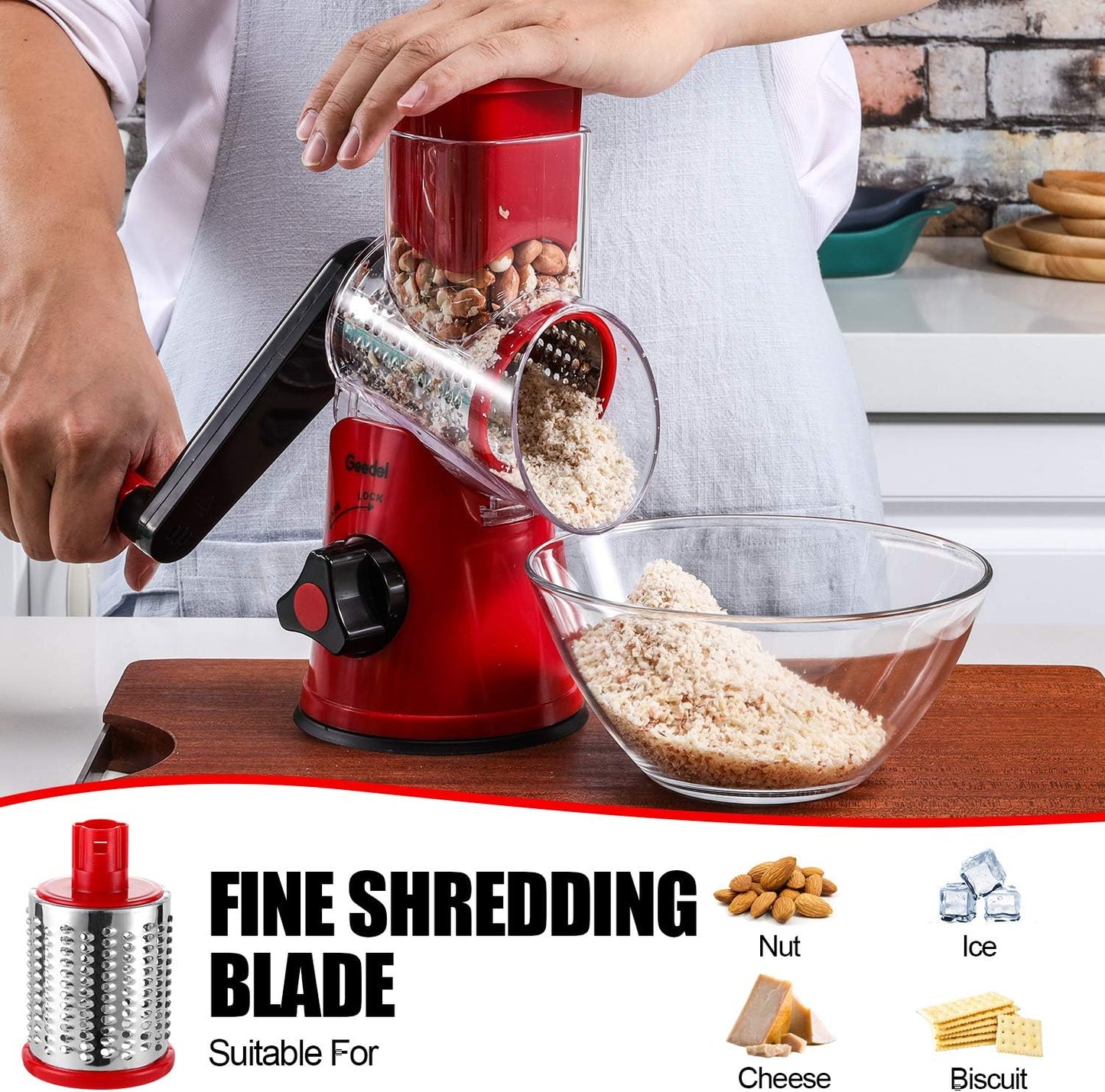 Geedel Kitchen Cheese Grater, Rotary Mandoline Vegetable Slicer with Interchangeable Blades, Easy to Use Rotary Grater Slicer for Fruit, Vegetables, Nuts