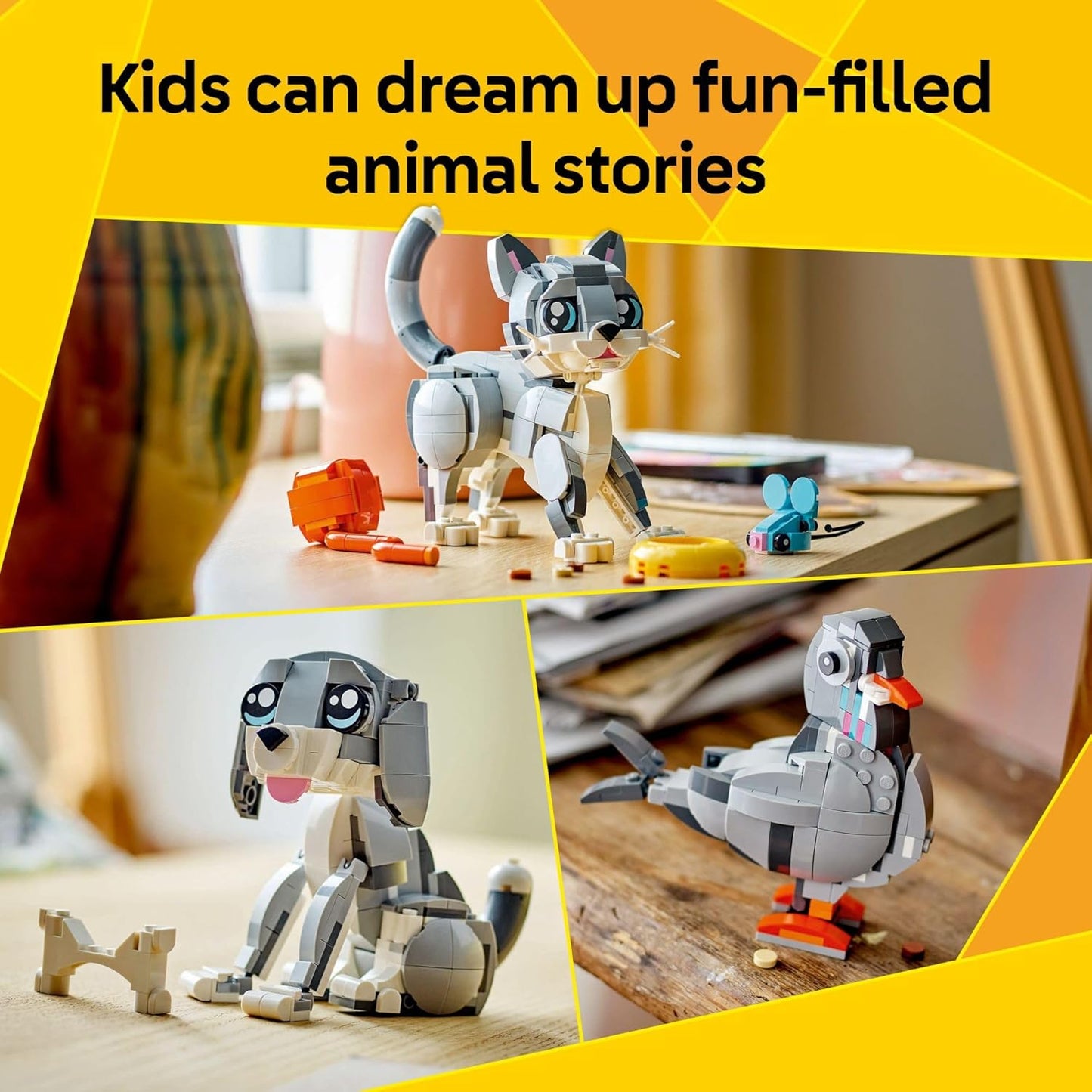 LEGO Creator 3 in 1 Playful Cat Toy - Building Toy with 3 Building Options, Cat, Dog, or Pigeon - Animal Figures for Kids, Girls and Boys, Ages 8+ - Gift Idea for Birthday - 31163