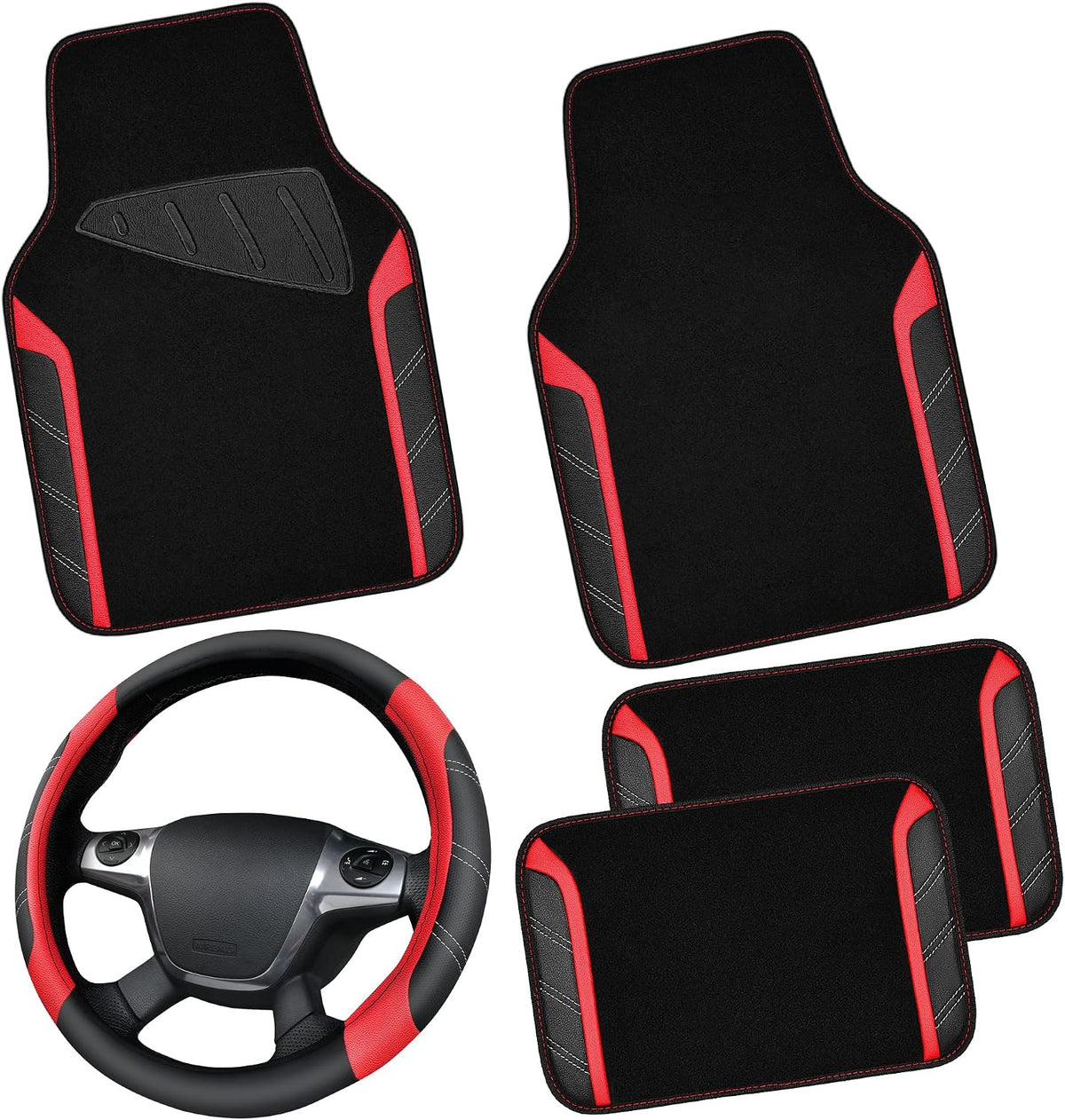 CAR PASS Leather Steering Wheel Cover and Waterproof Car Floor Mats,Microfiber Universal Car Combo Fit for 95% Sedan,SUV,Cars,14.5-15inch Sporty Anti-Slip Safety Comfortable Design(Black&Red)