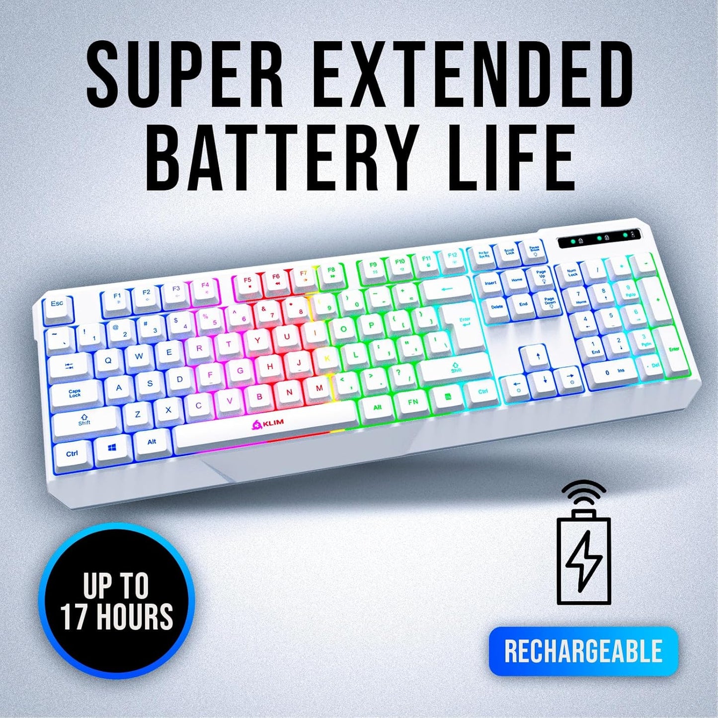 KLIM Chroma Wireless Gaming Keyboard RGB New - Long-Lasting Rechargeable Battery - Quick and Quiet Typing - Water Resistant Backlit Wireless Keyboard for PC PS5 PS4 Mac - Black