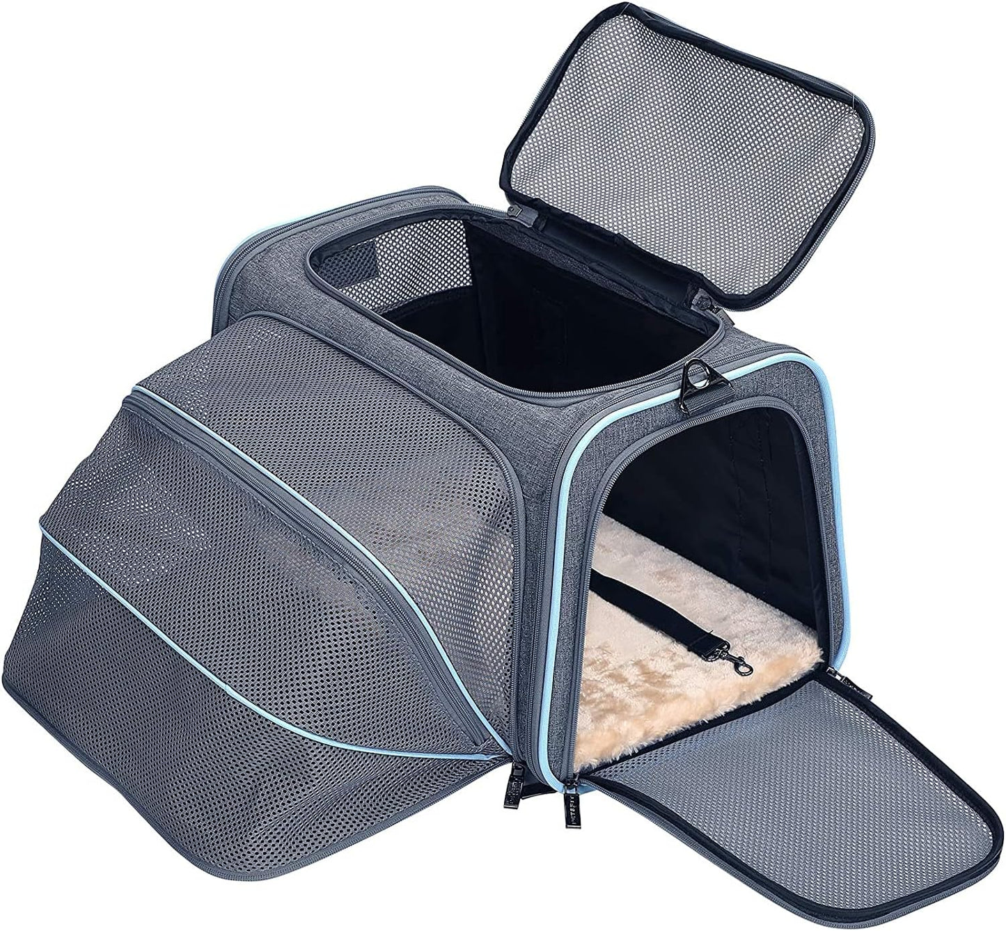 Petsfit Expandable Cat Dog Carrier Airline Approved, 17" L x 11" W x 11" H Soft-Sided Portable Pet Travel Carrier for Kitten, Puppy, Removable Soft Plush Mat and Pockets, Auto-Locking Zippers
