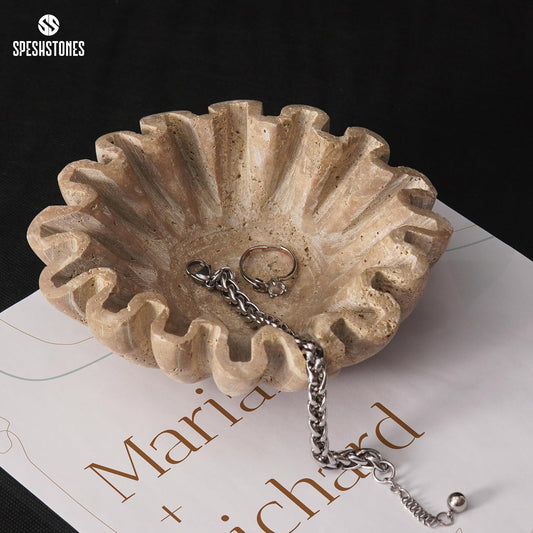 Handmade Travertine Decorative Bowl | Ruffle Stone Bowl | Scalloped Key Bowl | Entryway Accent Bowl | Table Centerpiece Bowl