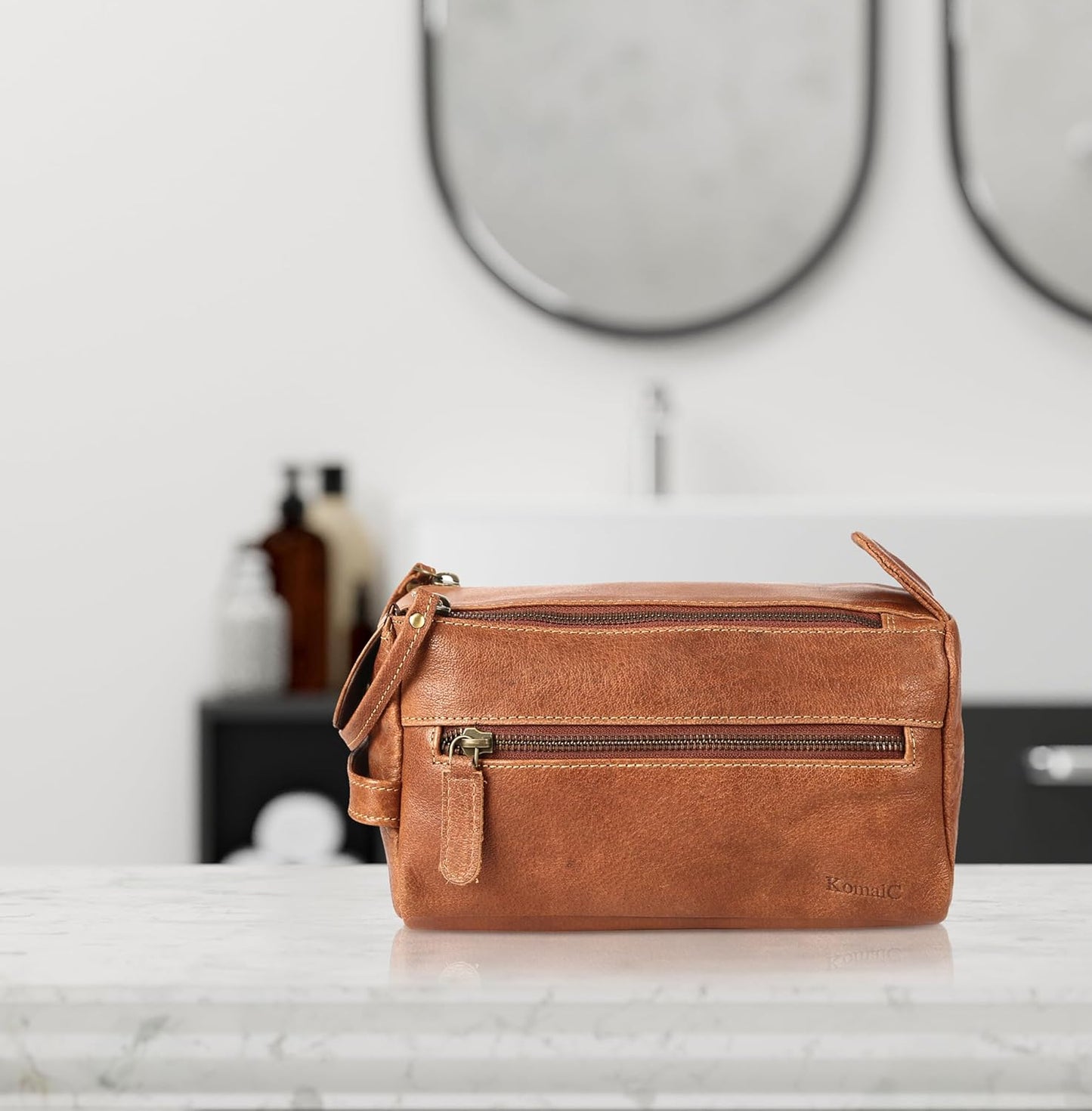 Premium Buffalo Leather Unisex Toiletry Bag Travel Dopp Kit Shaving kit (Distressed Tan)