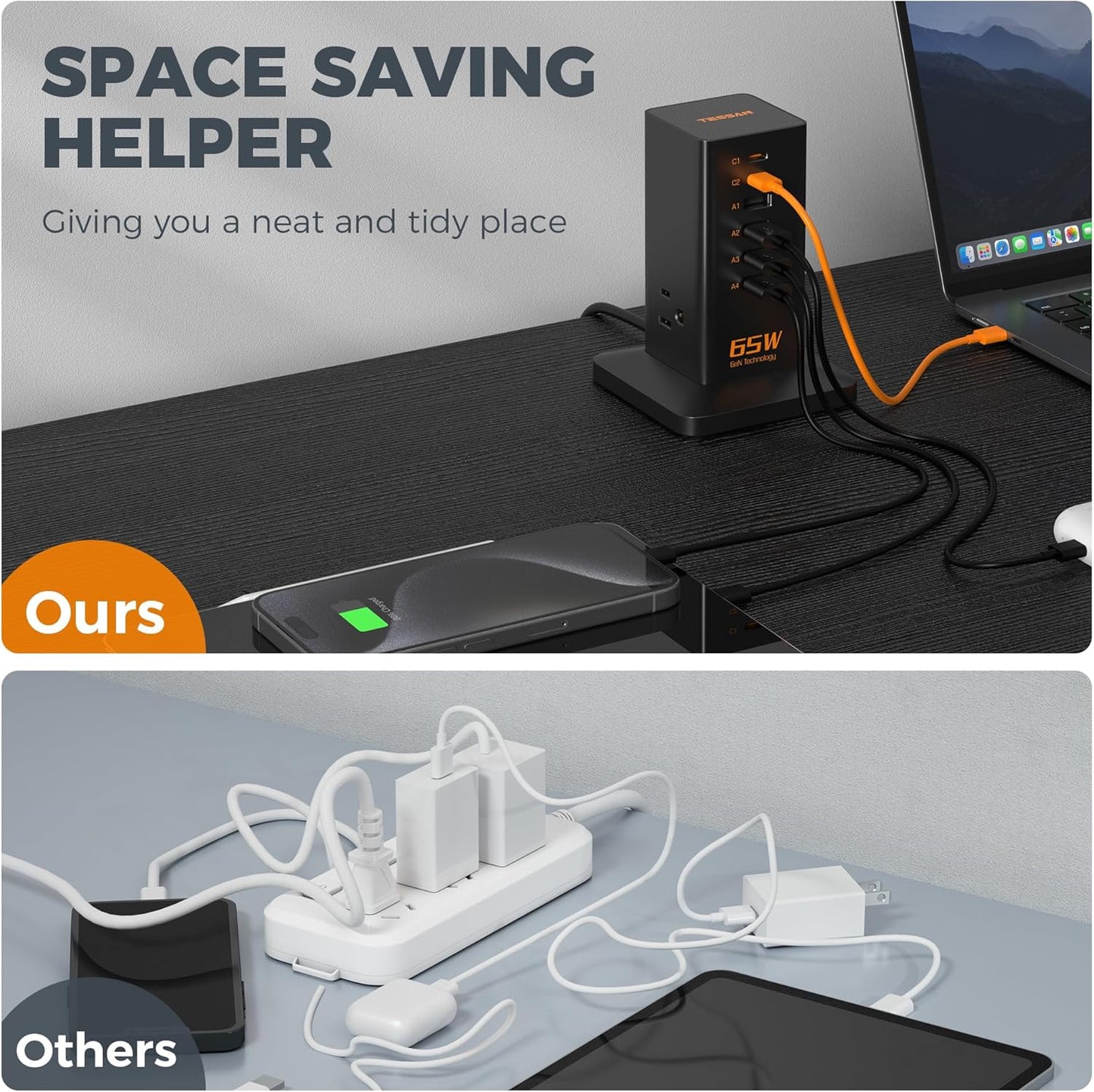 Charging Station, TESSAN 65W Max GaN USB C Charger Block, 6-Ports and 3 AC Outlets Power Tower, Fast Charging for Multiple Devices, Compatible with iPhone, Samsung and More
