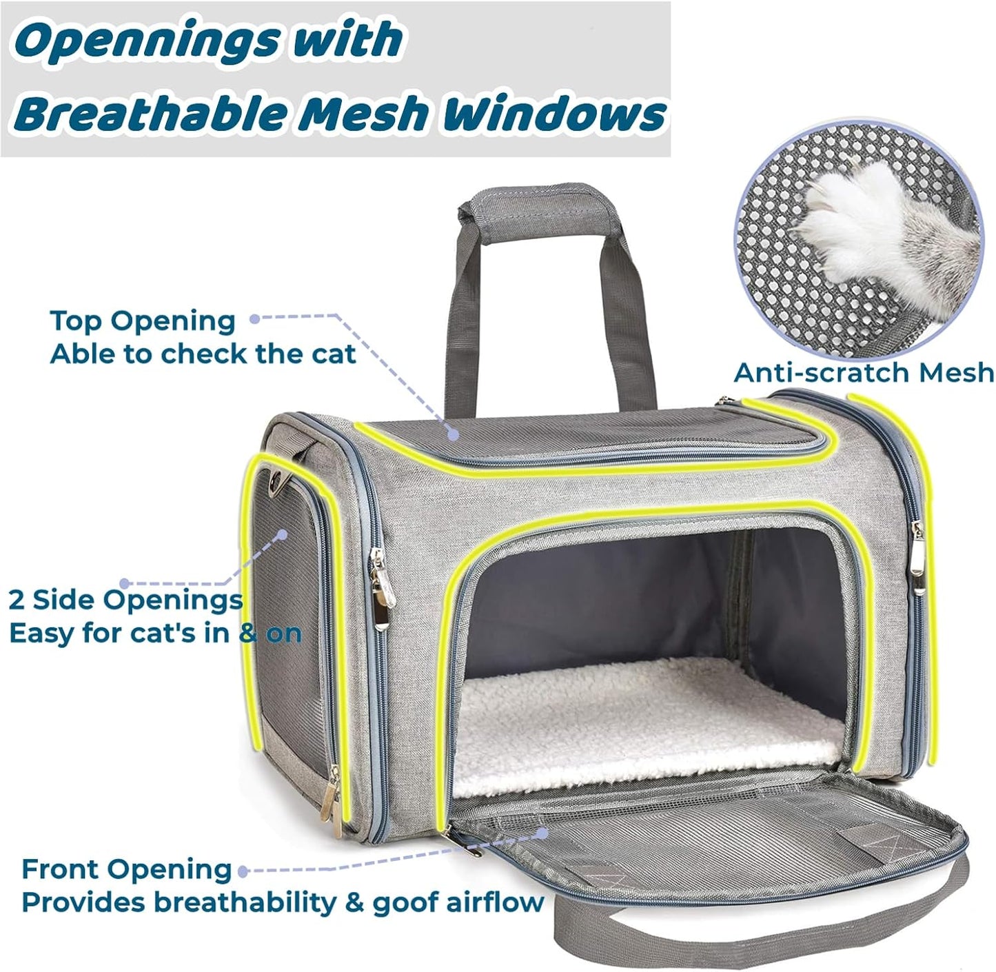 ORYEDA Cat Carrier Bag, Dog Travel Carriers, Airline Approved Soft-Sided Pet Carrier for Small Medium Cats and Small Dogs, Portable Carrier with 4 Open Doors and 3 Mesh Windows, Grey, Collapsible