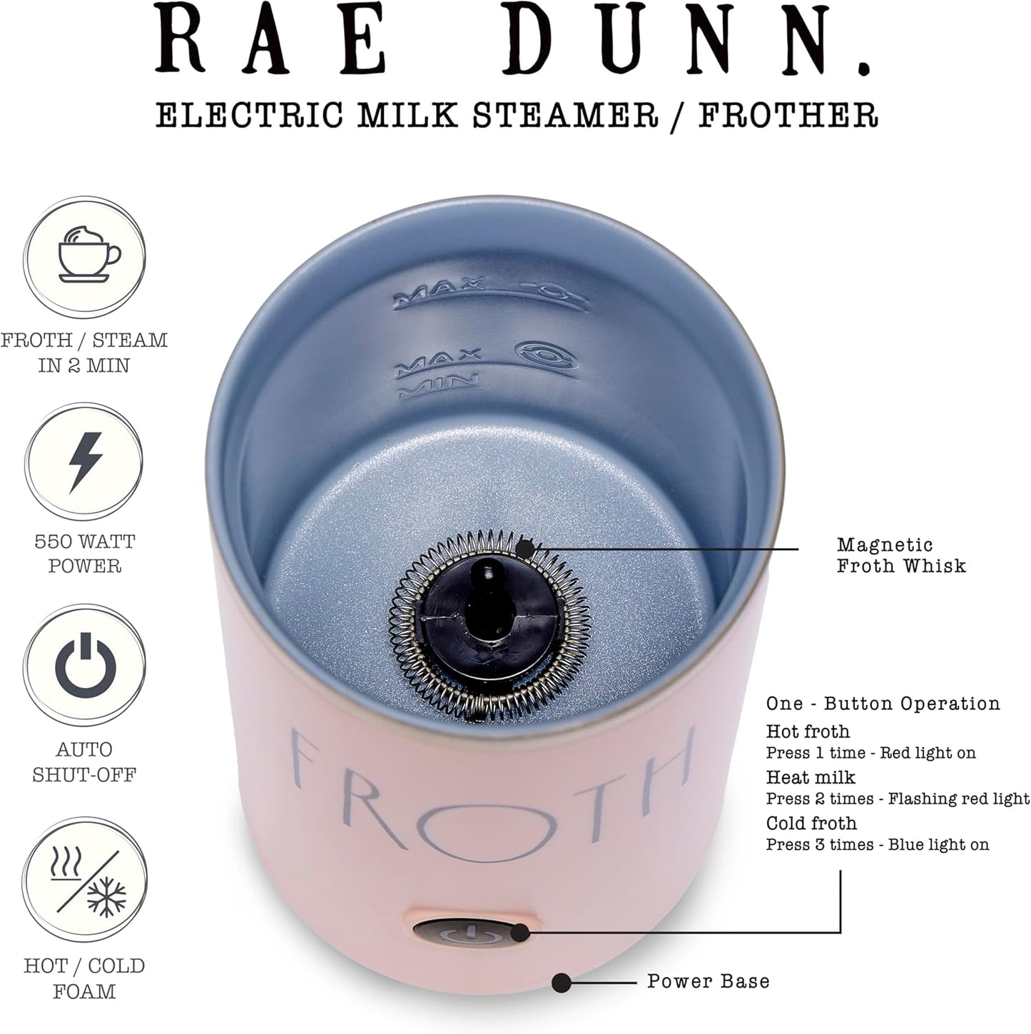 Rae Dunn - Electric Milk Frother - Elegant Automatic Milk Steamer and Frother, Milk Warmer, Hot and Cold Frothing Machine for Coffee, Latte, Cappuccino, Macchiato,