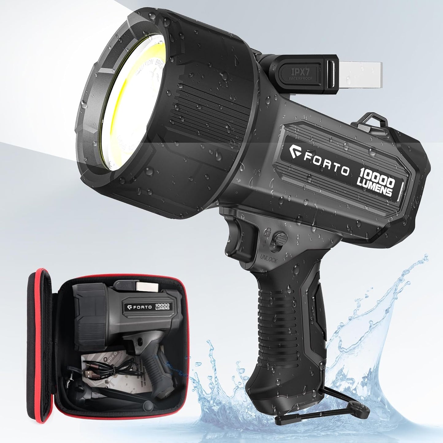 FORTO Rechargeable Spotlight 5000LM, IPX7 Waterproof Flashlight with 5200mAh Long-Lasting Battery, 7 Modes Handheld Light with EVA Case, for Boat, Hunting, Emergency, Outdoor Use