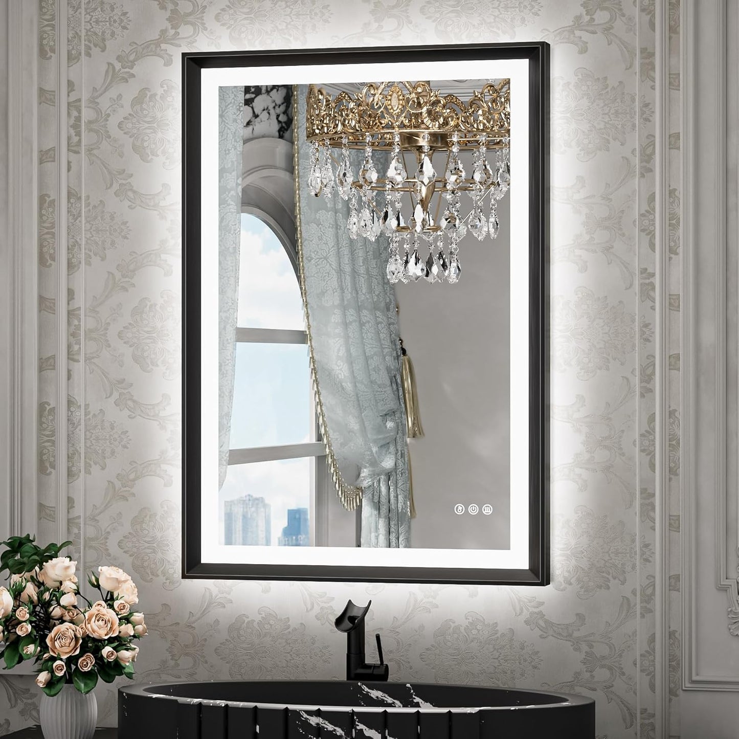 TETOTE 28x36 LED Mirror for Bathroom Black Metal Frame Frontlit & Backlit Lighted Vanity Mirror Baroque Gothic Anti Fog Stepless Dimmable White/Warm/Natural,Wall Mounted(Horizontal/Vertical)
