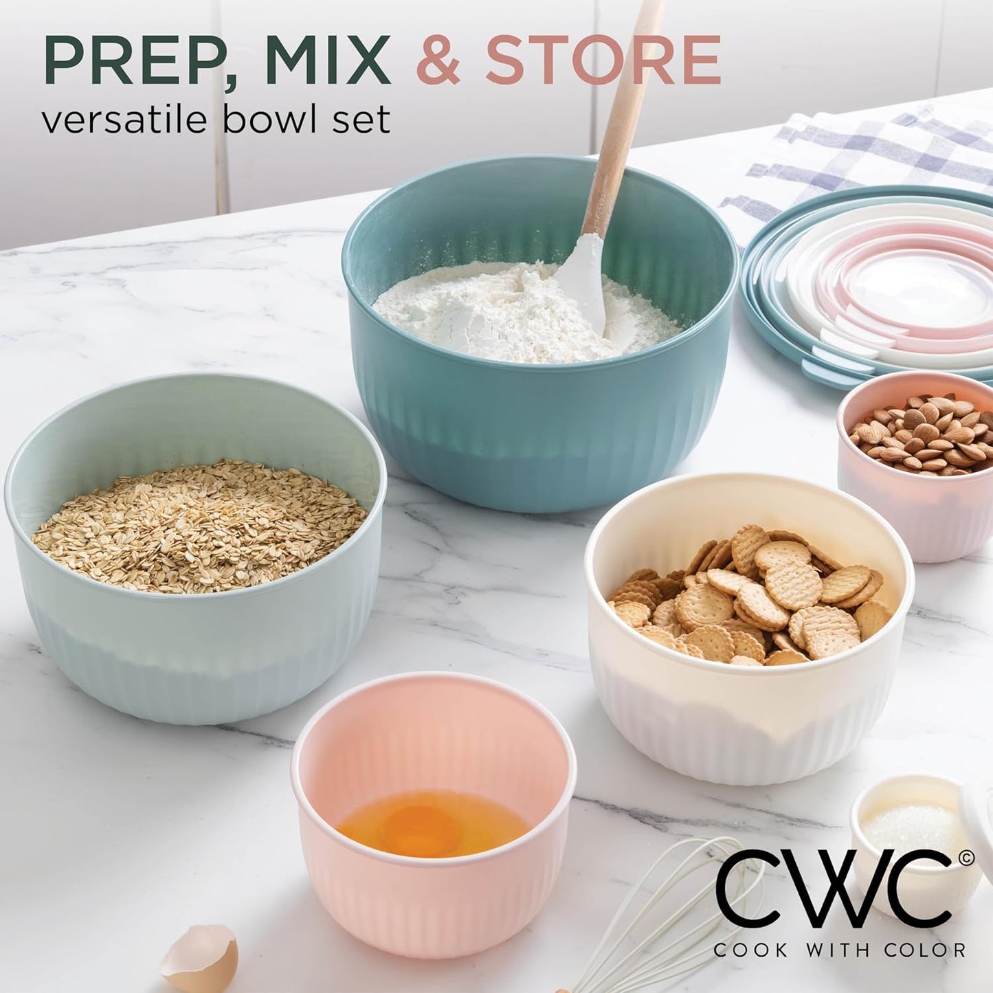 COOK WITH COLOR Prep Bowls with Lids- 8 Piece Nesting Plastic Small Mixing Bowl Set with Lids (Teal Ombre)