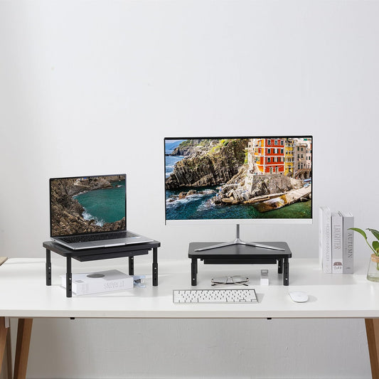 Adjustable Monitor Stand Riser with Storage Drawer, 3 Height Ergonomic Computer Monitor Stand for Desk, Wooden Desktop Monitor Shelf for Office and Home Use