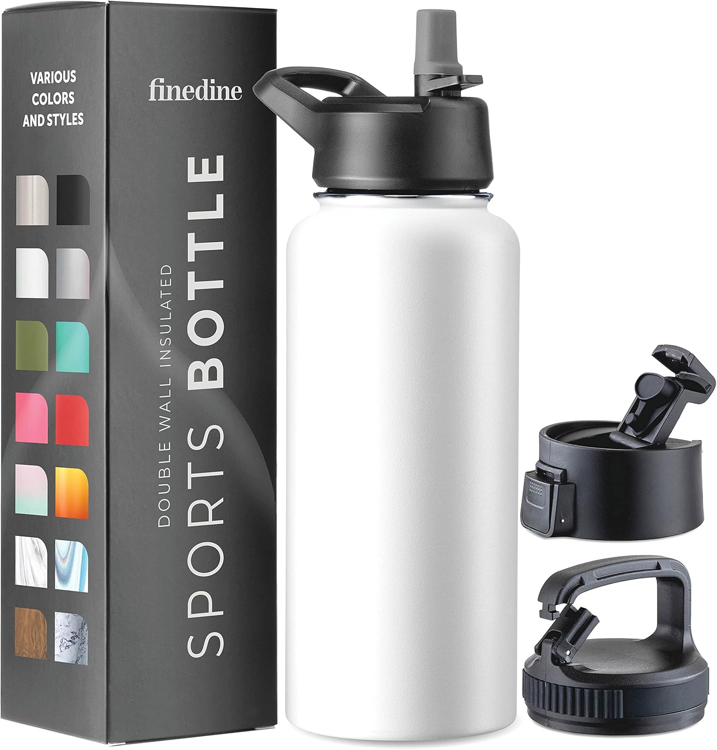 FineDine Water Bottle - Stainless Steel Insulated Water Bottle with Straw Lid, Flip Lid & Wide-Mouth Cap - Keeps Hot and Cold - 25 Oz / 739ml - Pure Pearly White