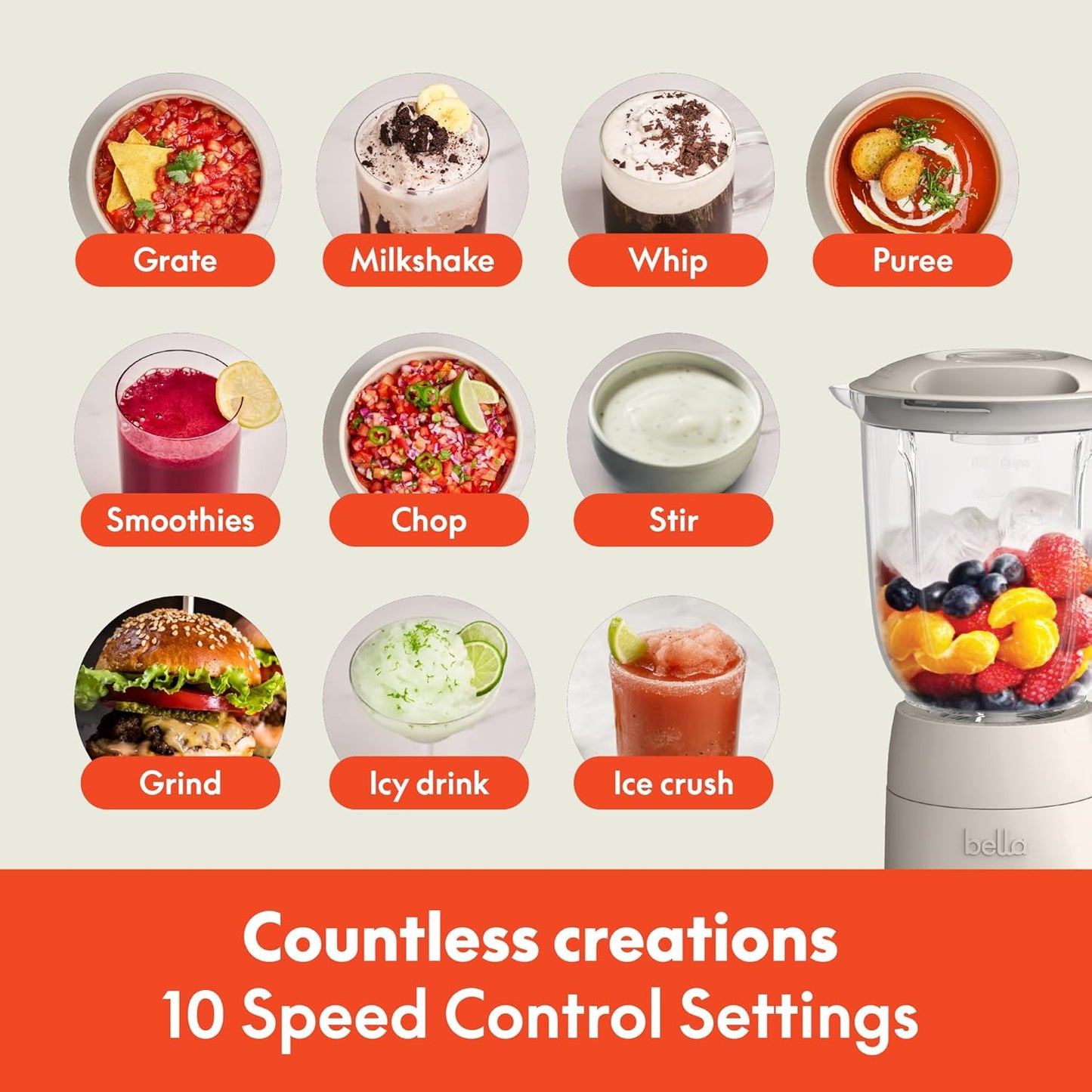 Bella 10-Speed Countertop Blender, Juicer and Smoothies, Fits Anywhere™, Slim Design with Lid and Lid for Dishwasher Stainless Steel Carafe, 450W, Surf