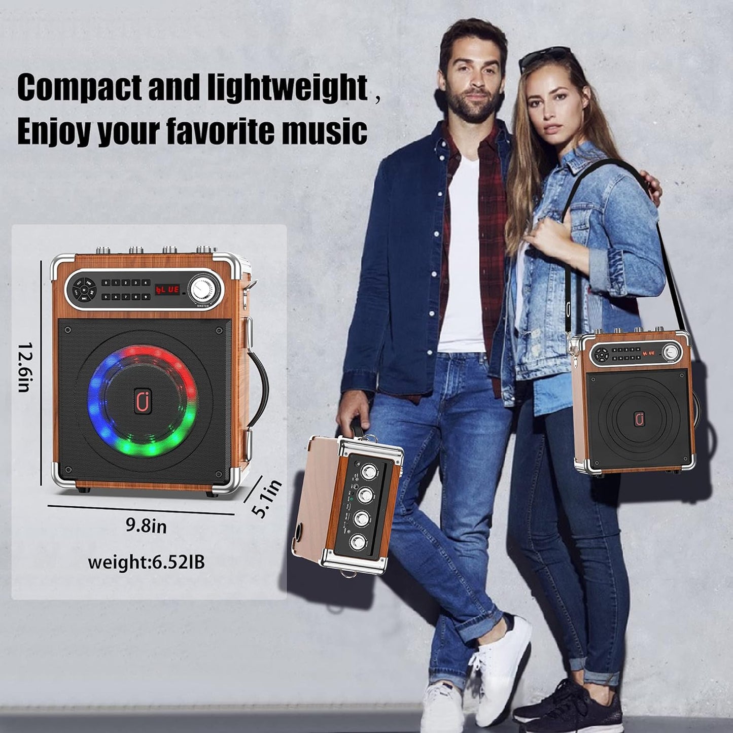 JYX Karaoke Machine with Two Wireless Microphones, Portable Bluetooth Speaker with Bass/Treble Adjustment, Remote Control and LED Lights, Supports TF Card/USB, AUX in, FM, REC for Party