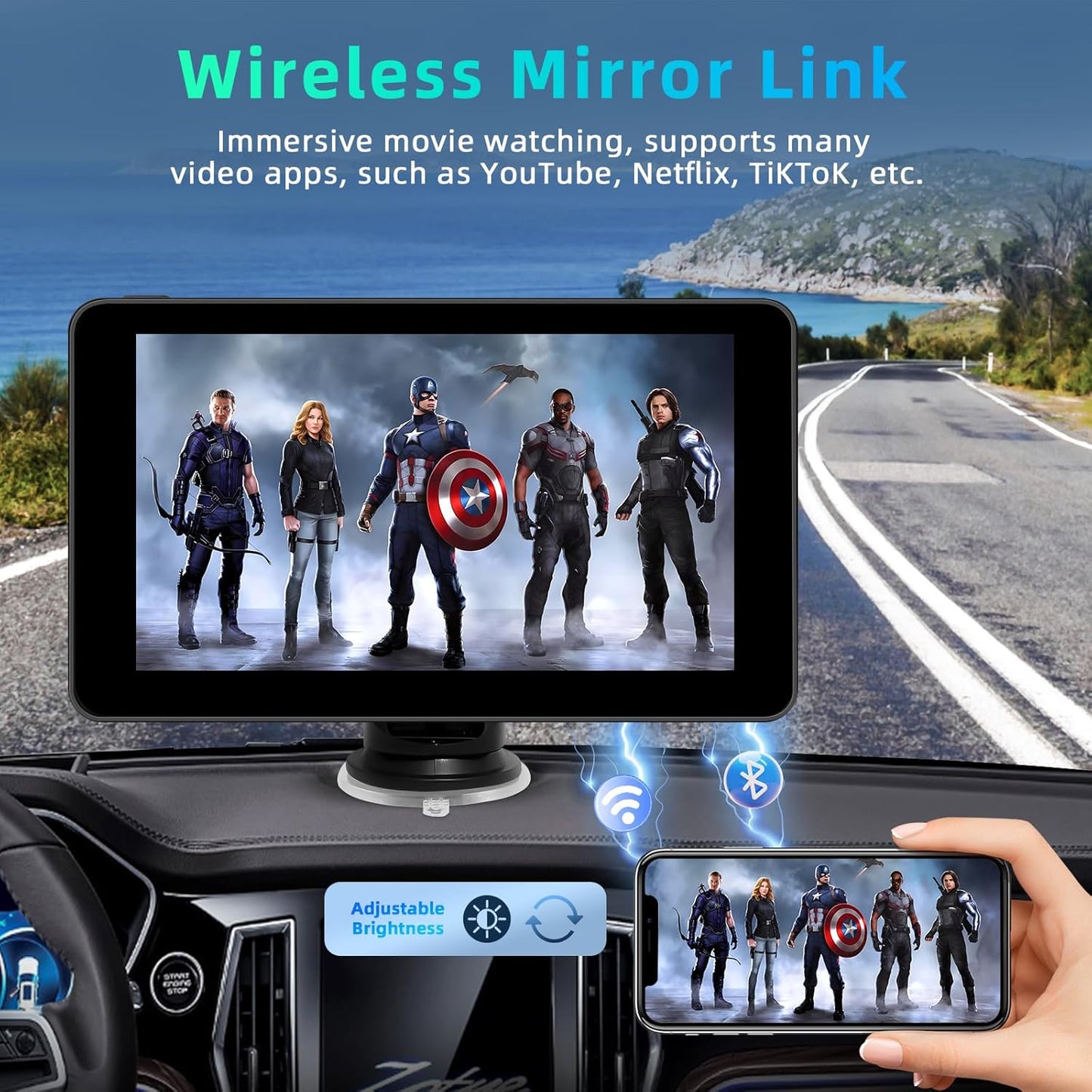 7 Inch Wireless Carplay Touchscreen for Apple Car Play and Android Auto, Apple Carplay Screen for Car with Bluetooth, FM, AUX, Voice Control, Mirror Link, GPS Navigation
