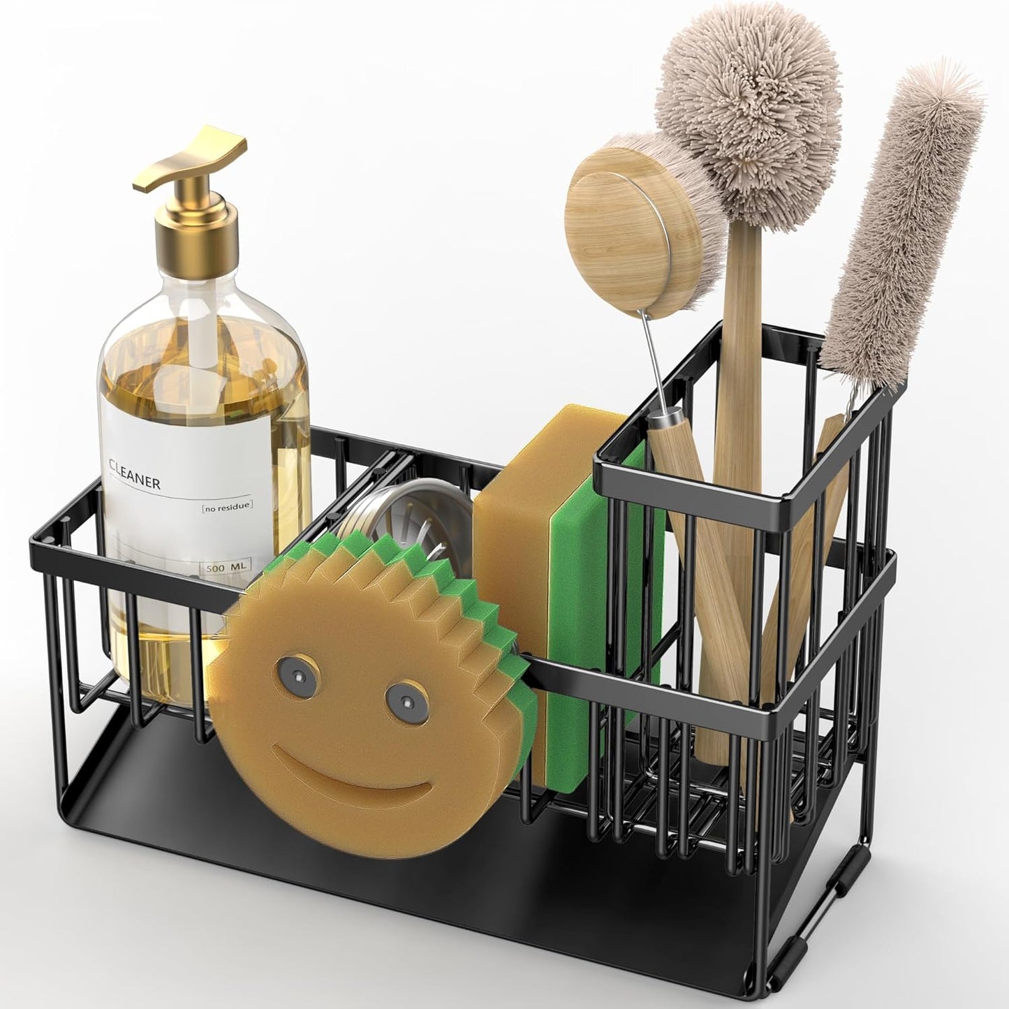 Cisily Kitchen Sink Caddy Organzier with High Brush Holder, Sponge Holder for Sink, 304 Rustproof Stainless, Kitchen Countertop Soap Dispenser Organizer, Kitchen Decor and Accessories (Black)
