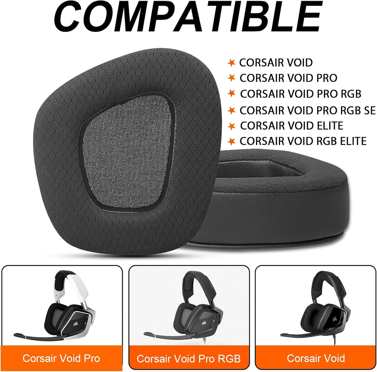 GVOEARS Replacement Ear Pads Cushions for Corsair Void/Void Pro/Void Pro RGB/Void Pro RGB SE/Void Pro Elite/RGB Wireless Earpads Gaming Headsets, Mesh Fabric with Soft Protein Leather(Black) - PuriLite