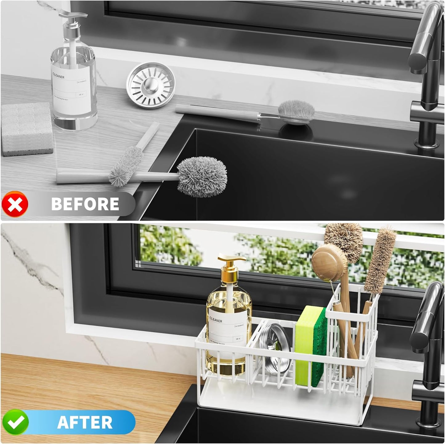 Cisily Kitchen Sink Caddy Organzier with High Brush Holder, Sponge Holder for Sink, 304 Rustproof Stainless, Kitchen Countertop Soap Dispenser Organizer, Kitchen Decor and Accessories (Black)