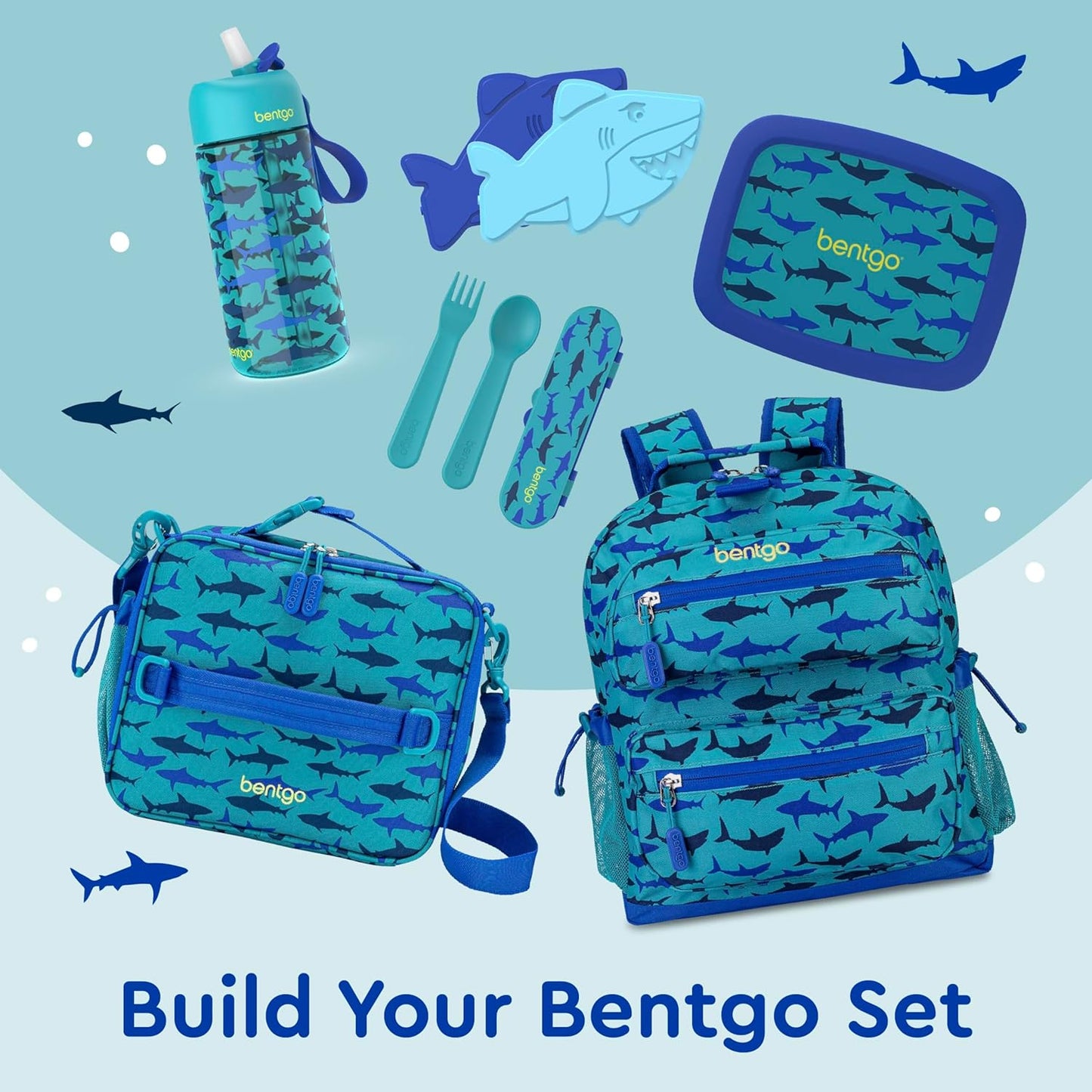 Bentgo® Kids Lunch Bag - Durable, Double Insulated, Water-Resistant Fabric, Interior & Exterior Zippered Pockets, Water Bottle Holder - Ideal for Children 3+ (Shark)
