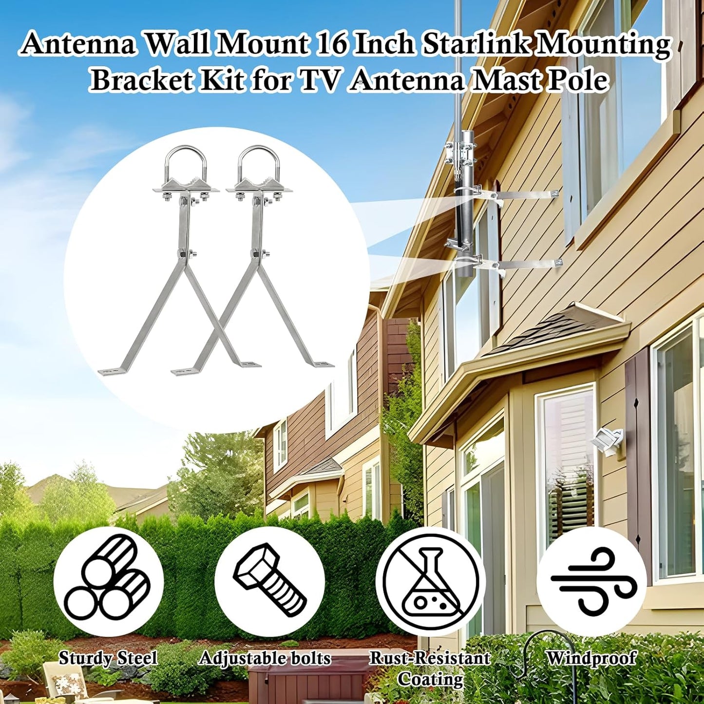 XRDS-RF 16 Inch Heavy-Duty Wall Mount Stand Off Mast for TV Antenna - Windproof Mounting Bracket (2-Leg + 2-Leg)