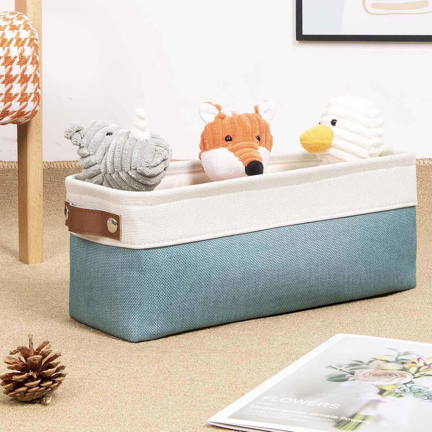 DULLEMELO Storage Baskets for Shelves, Fabric Collapsible Rectangular Storage Bins for Shelves, Closets, Nursery, Home, Office, Empty Gift Baskets (White&Teal)