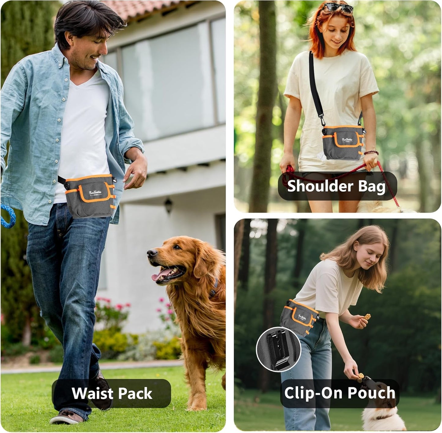 FurtasticFinds Dog Treat Pouch with Quick-Release Magnetic Closure, 3-Way Wear Treat Bags, 900D Waterproof Fabric, 4 Storage Spaces, Treat Pouch for Pet Training Walking (Green)