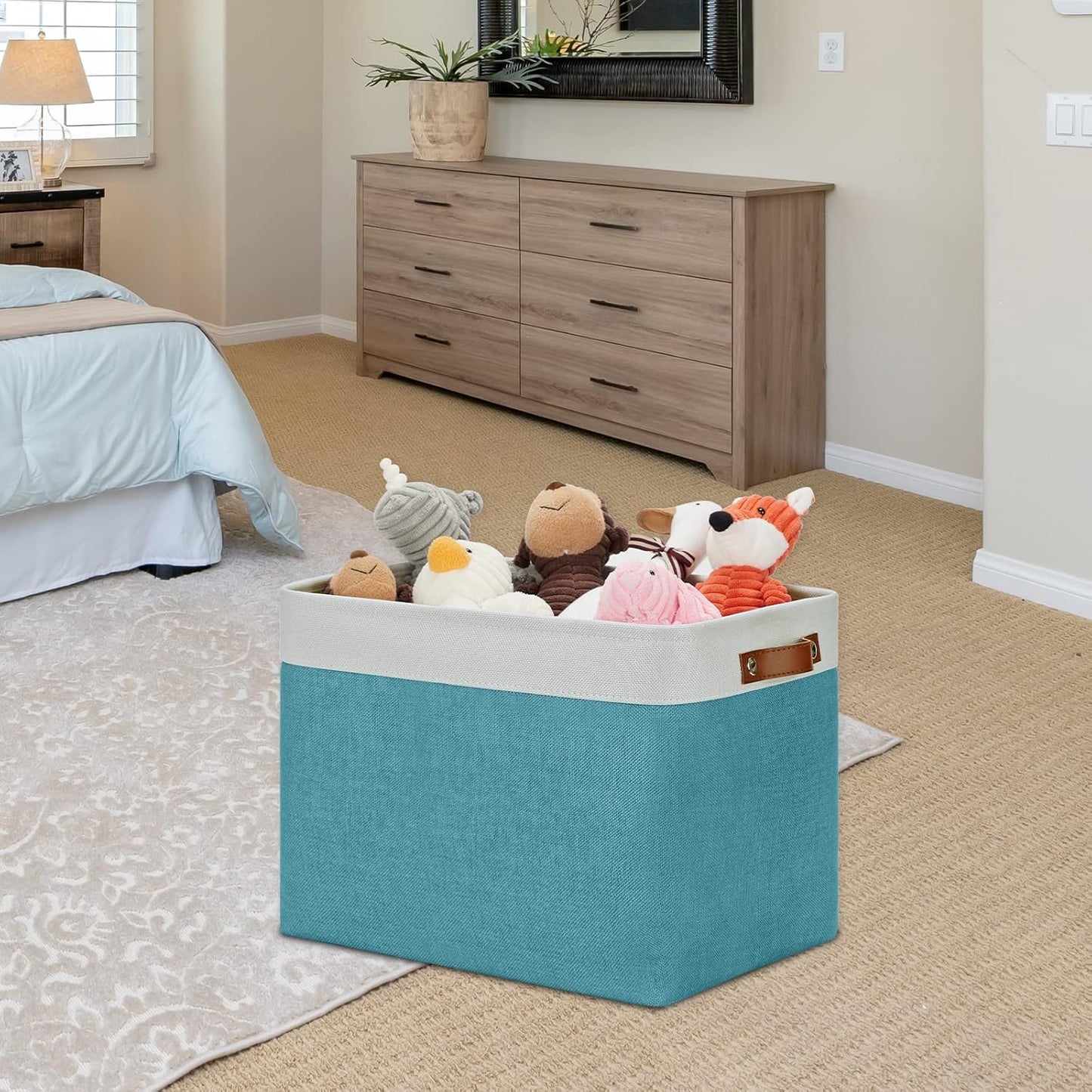 DULLEMELO Storage Baskets for Shelves, Fabric Collapsible Rectangular Storage Bins for Shelves, Closets, Nursery, Home, Office, Empty Gift Baskets (White&Teal)