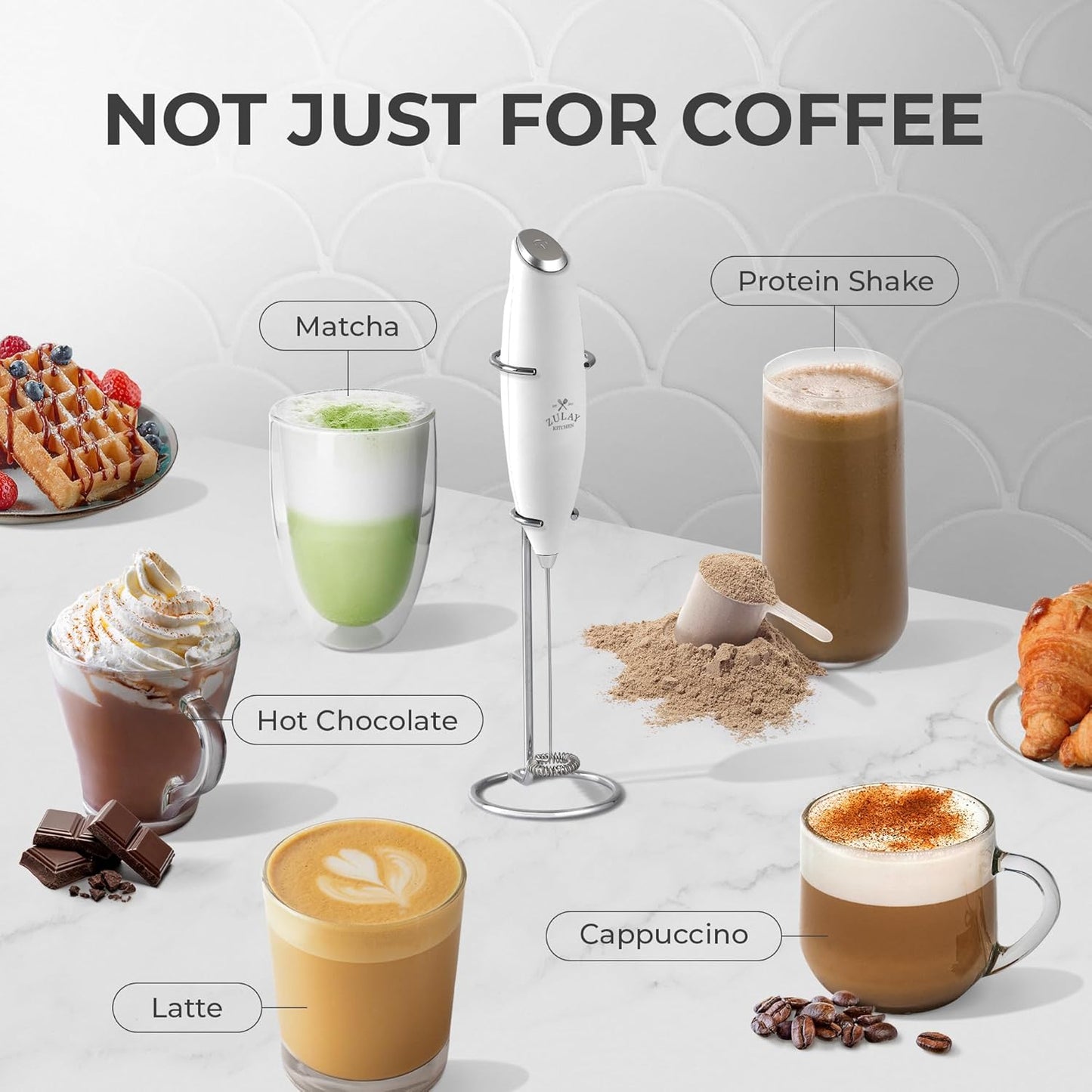 Zulay Kitchen Powerful Double Whisk Milk Frother Handheld - Foam Maker with Stand - Whisk Drink Mixer for Coffee, Mini Foamer for Latte, Matcha, Frappe, Hot Chocolate & Cappuccino (Black)