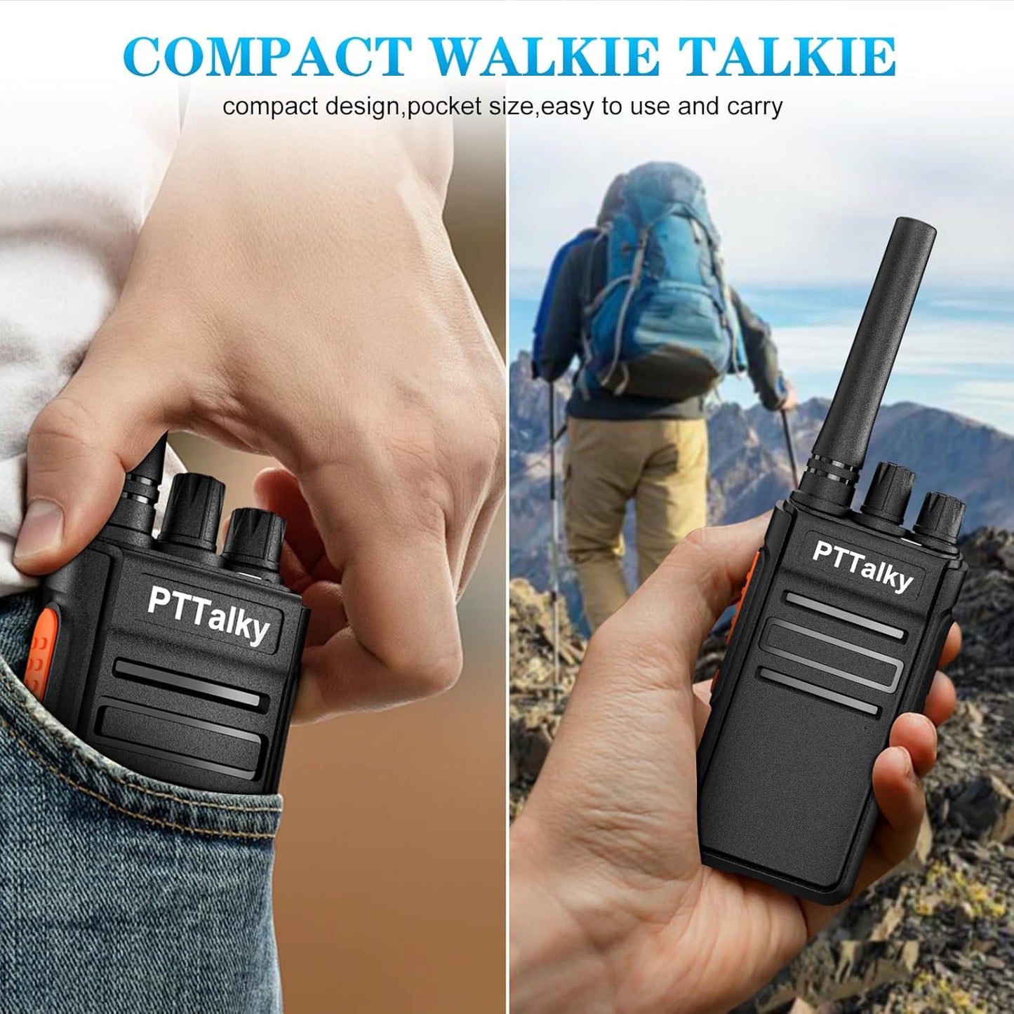 PTTalky FR1 Walkie Talkies with 6-Way Charger, Long Range Walkie Talkies, USB-C Charging, VOX, with Earpieces, 2 Way Radios for Business School Warehouse