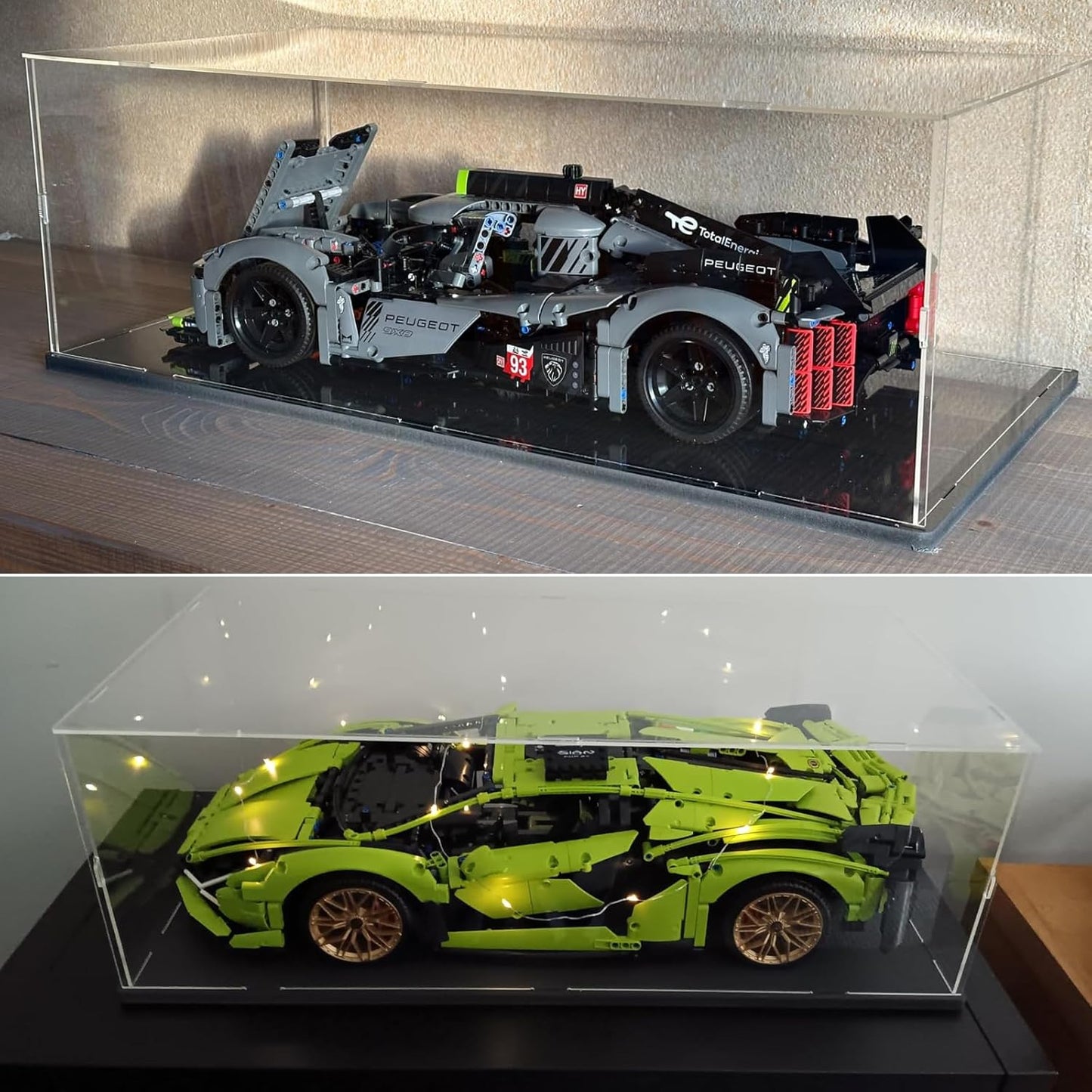 Thickened Clear Acrylic Display Case for Lego 10330 43268 76450 42170 10295 10353 Collectibles, Transparent Box Dustproof Protection with Wood-Plastic Base & String Light, Black Inside 40x20x20cm