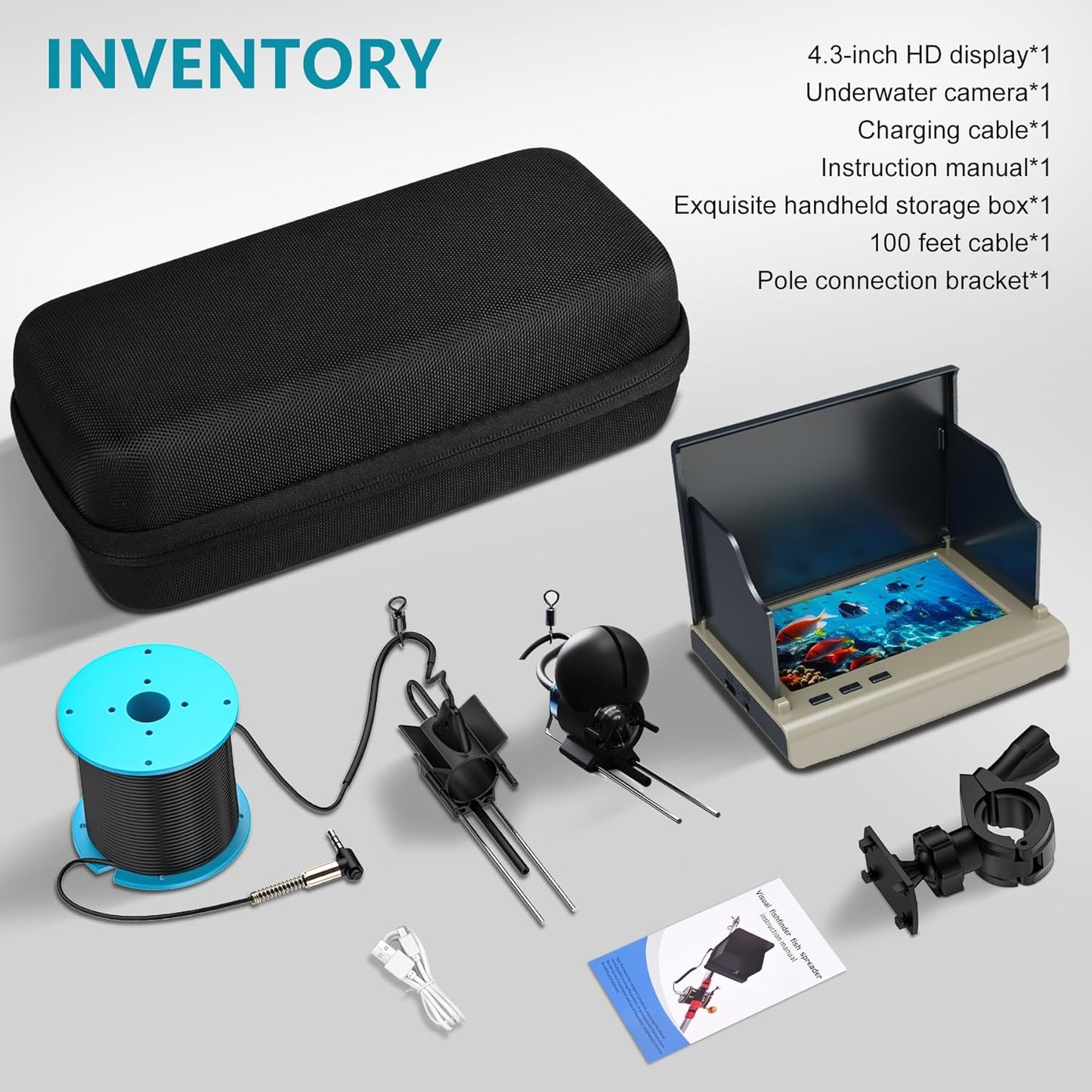 Underwater Fishing Camera with 4.3 Inch LCD, 5000mAh Battery, Infrared Night Vision Light, Portable Fish Finder with 100ft Cable for Ice Lake Boat Kayak Fishing