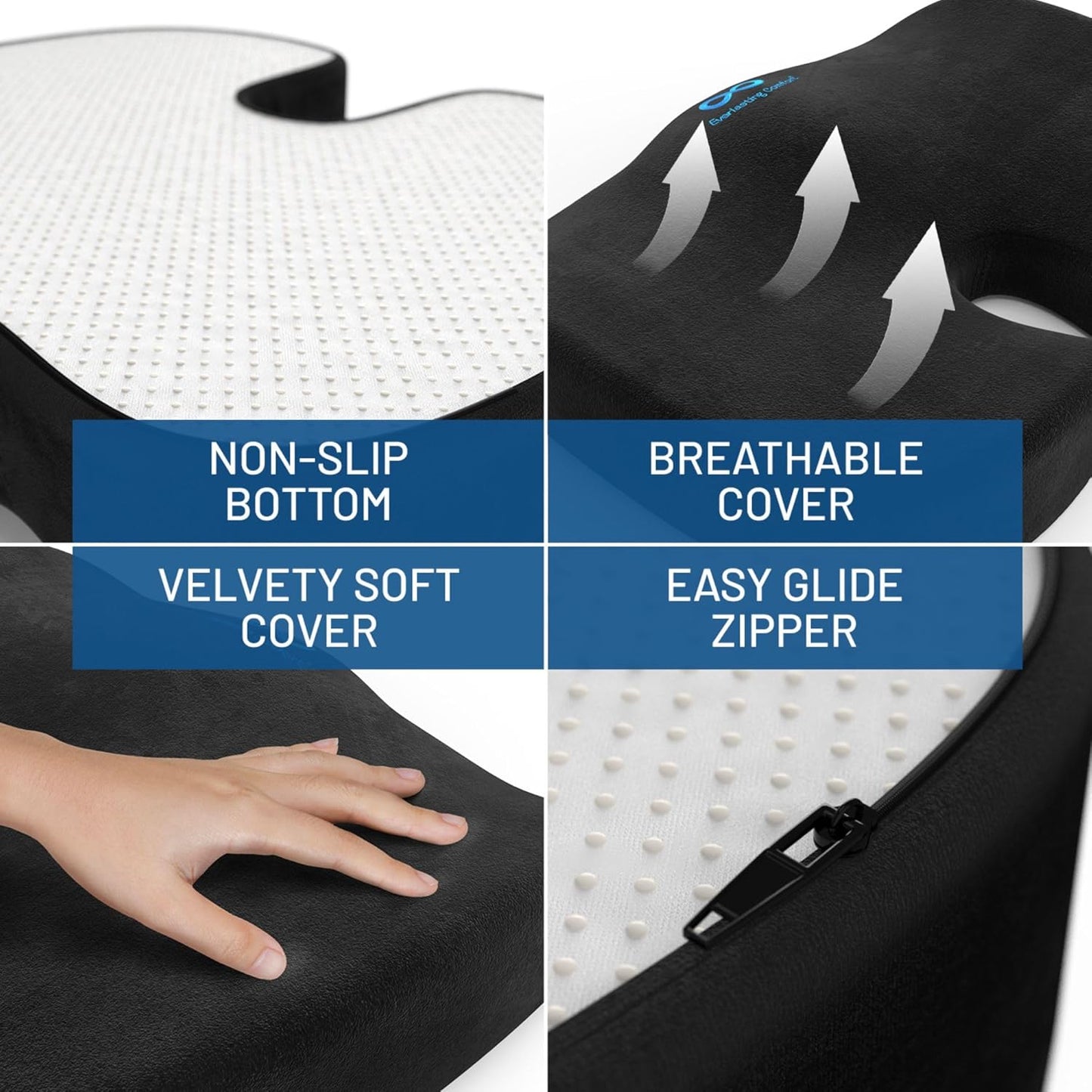 Everlasting Comfort Memory Foam Seat Cushion - Office Chair Cushion for Work, Travel, Car Support Pillow for Driving - Portable Seat for Chairs and Desks - Coussin Chaise - Black