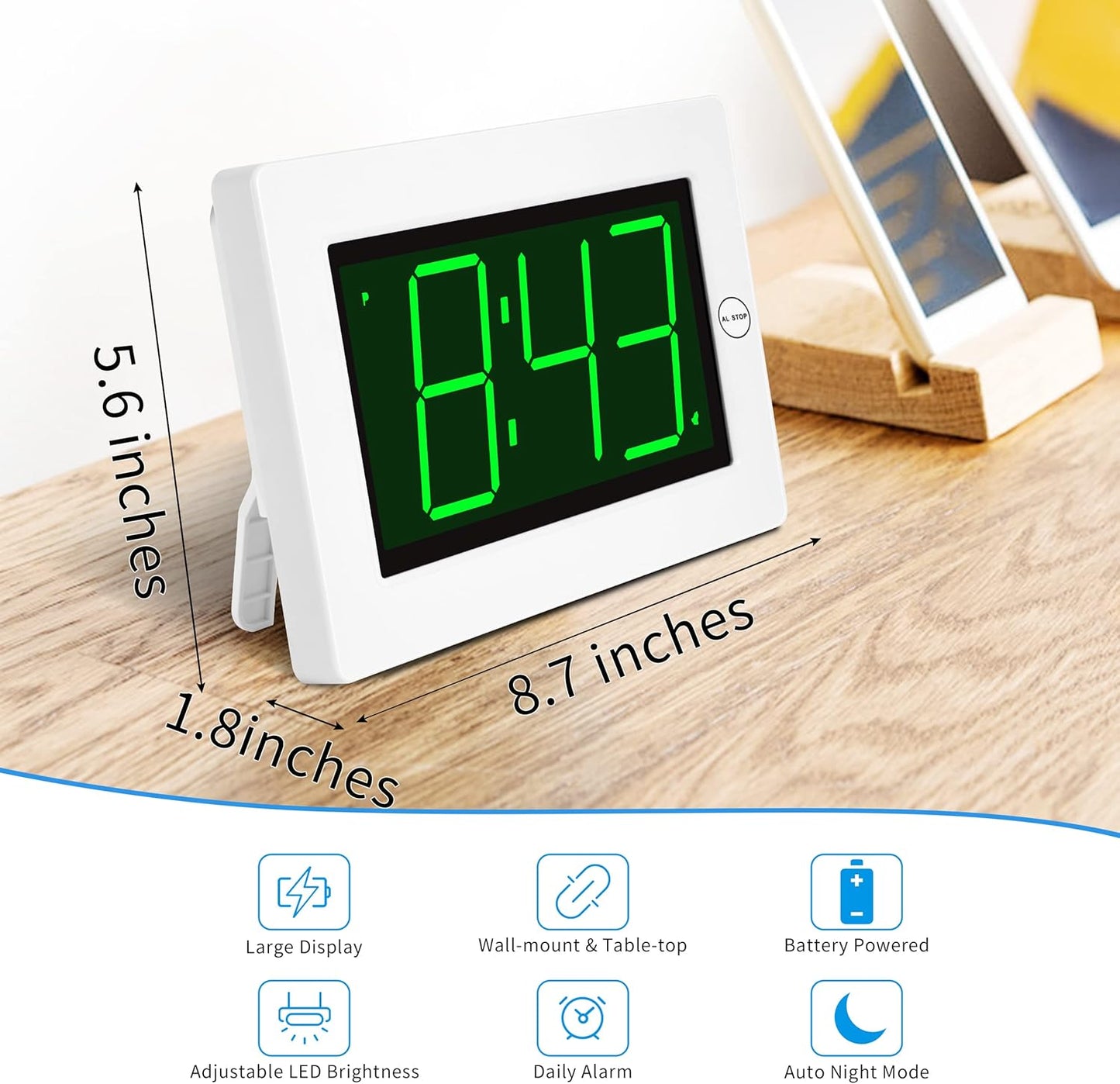 Wall Clock, Digital Clock, 8" Extra Large Display, 3" Big LED Number, Battery Operated, Adjustable Brightness, Clock for Bedroom, for Desk, Wall Mounted
