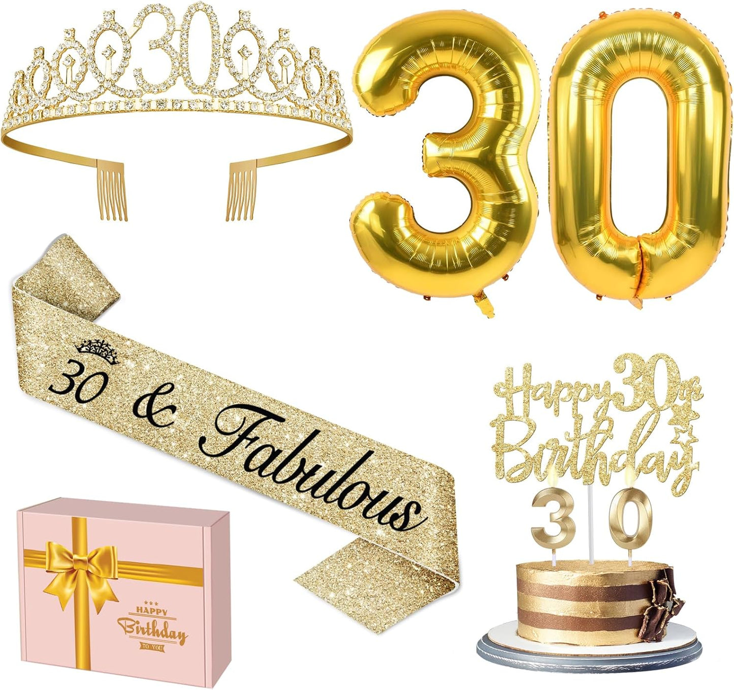 65th Birthday Decorations for Women, Including 65th Birthday Sash and Crown, Cake Topper and Candles, Number Balloons Rose Gold, 65 Year Old Gifts for Women