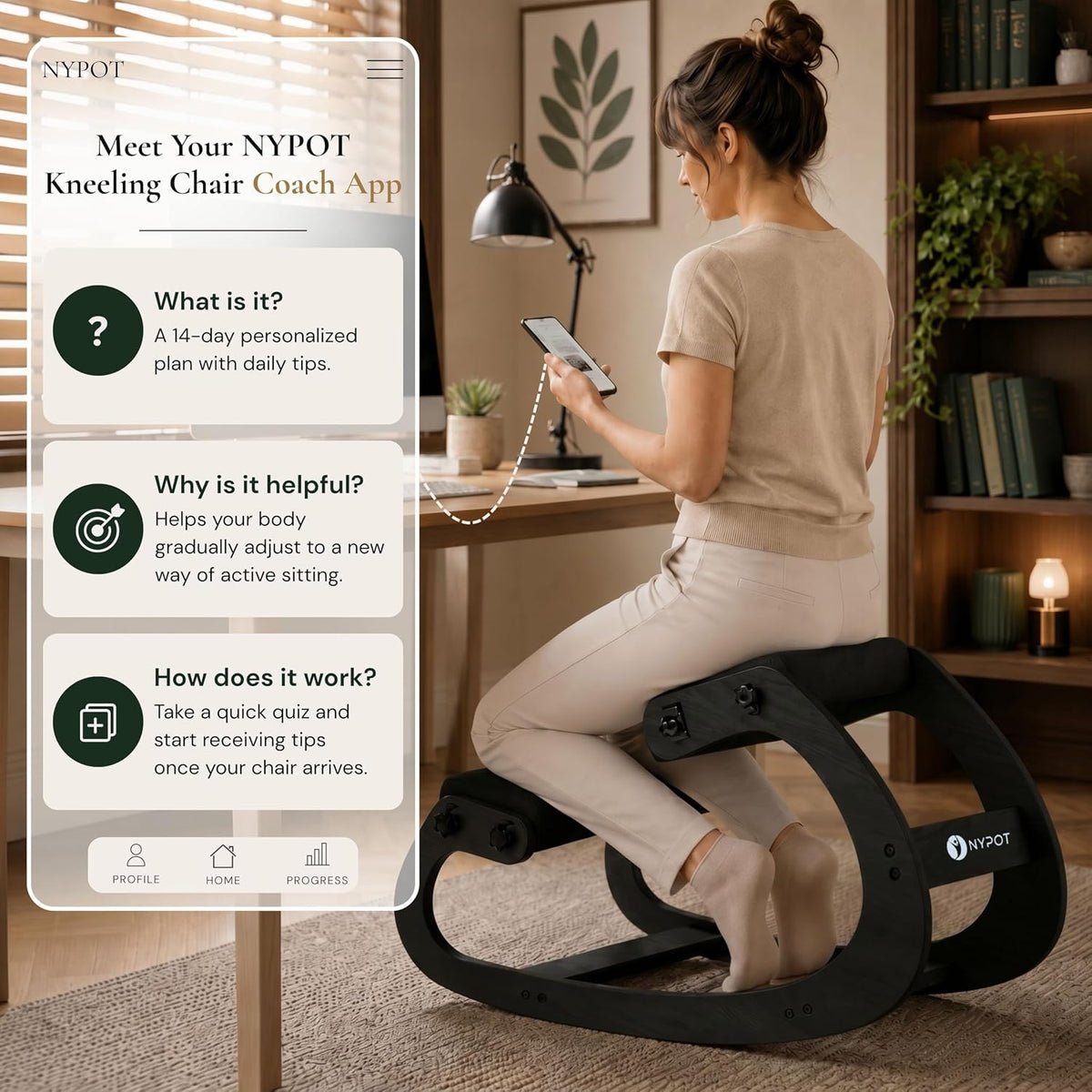NYPOT Ergonomic Kneeling Chair with Adjustable Seat – Rocking Wooden Desk Stool for Home Office and Standing Desks – Modern Active Sitting Chair (Black)