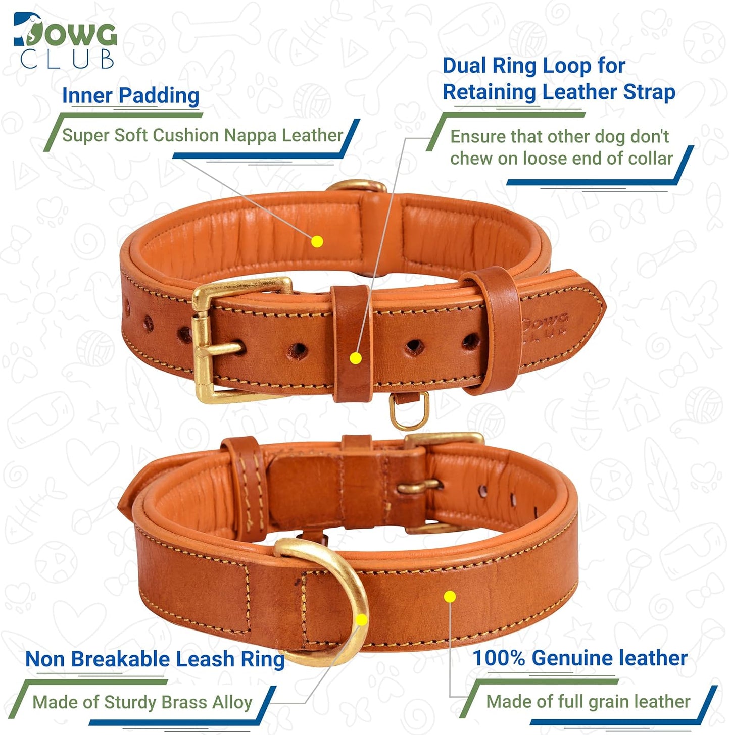 DowgClub | Genuine Leather Dog Collar | Full Grain, Heavy Duty | Comfortable, Strong | Best for Pups, Small, Medium & Large Breeds | Pink, Brown, Black, Tan