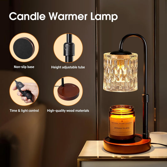 Briever Dimmable Candle Warmer Lamp with Timer, Height Adjustable Electric Candle Wax Warmer for All Size Jar Candles, Top-Down Light Heat Melting Wax with 2 Bulbs & Walnut Wooden Base for Home Decor - PuriLite