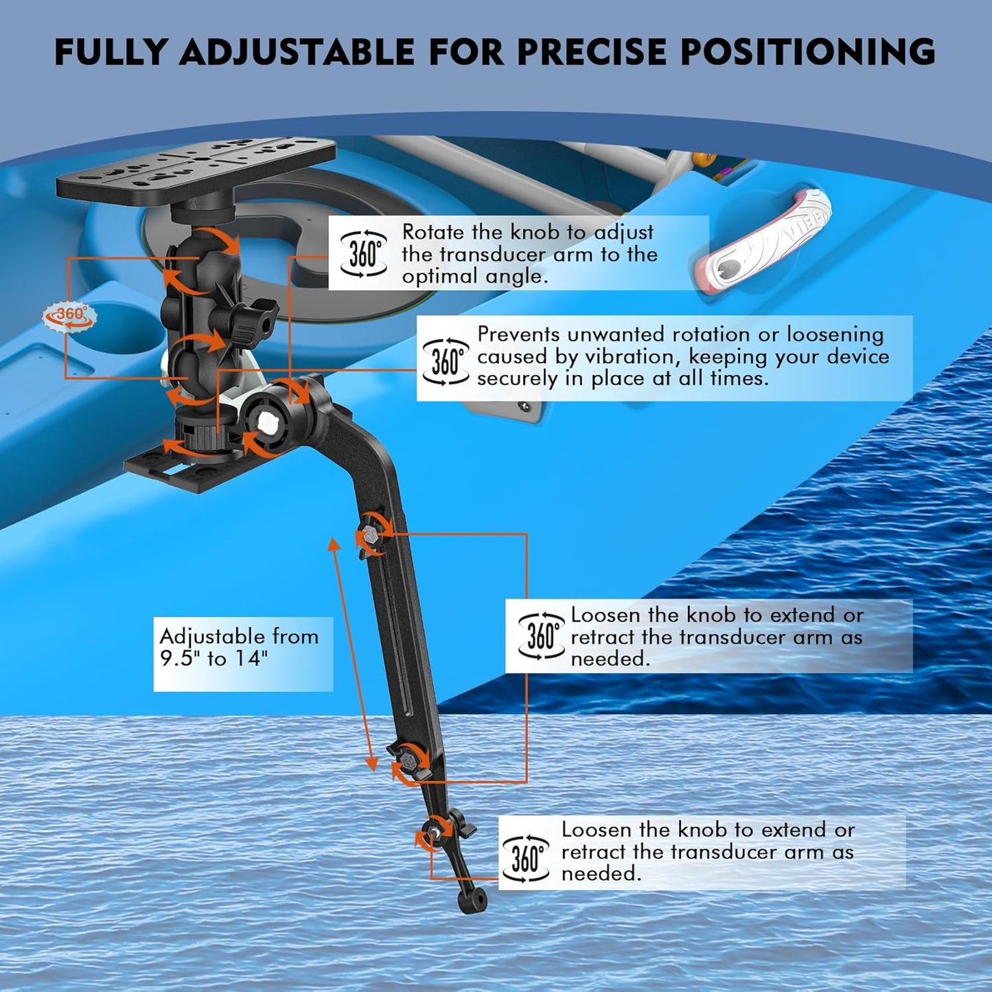 EDSRDPLT Universal Kayak Fish Finder Mount with Transducer Arm Adjustable 9–14” Tool-Free Rail Installation – Fish Finder Bracket for Kayaks, SUPs & Small Boats