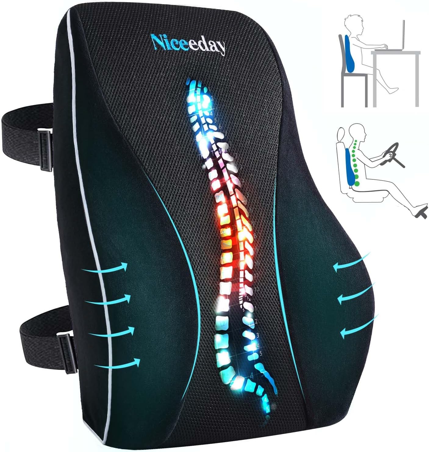 Gel Lumbar Support for Office Chair Back Support for Lower Back Pain Relief Cooling Chair Back Support Cushion Improves Posture Back Rest Memory Foam Back Support Pillow for Gaming Chair, Driving Seat