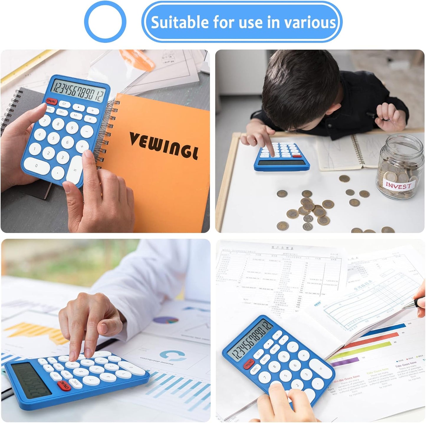 VEWINGL Mechanical Switch Calculator, 12 Digit Large LCD Display and Buttons, Great for Everyday Life and Basic Office Work, with Battery