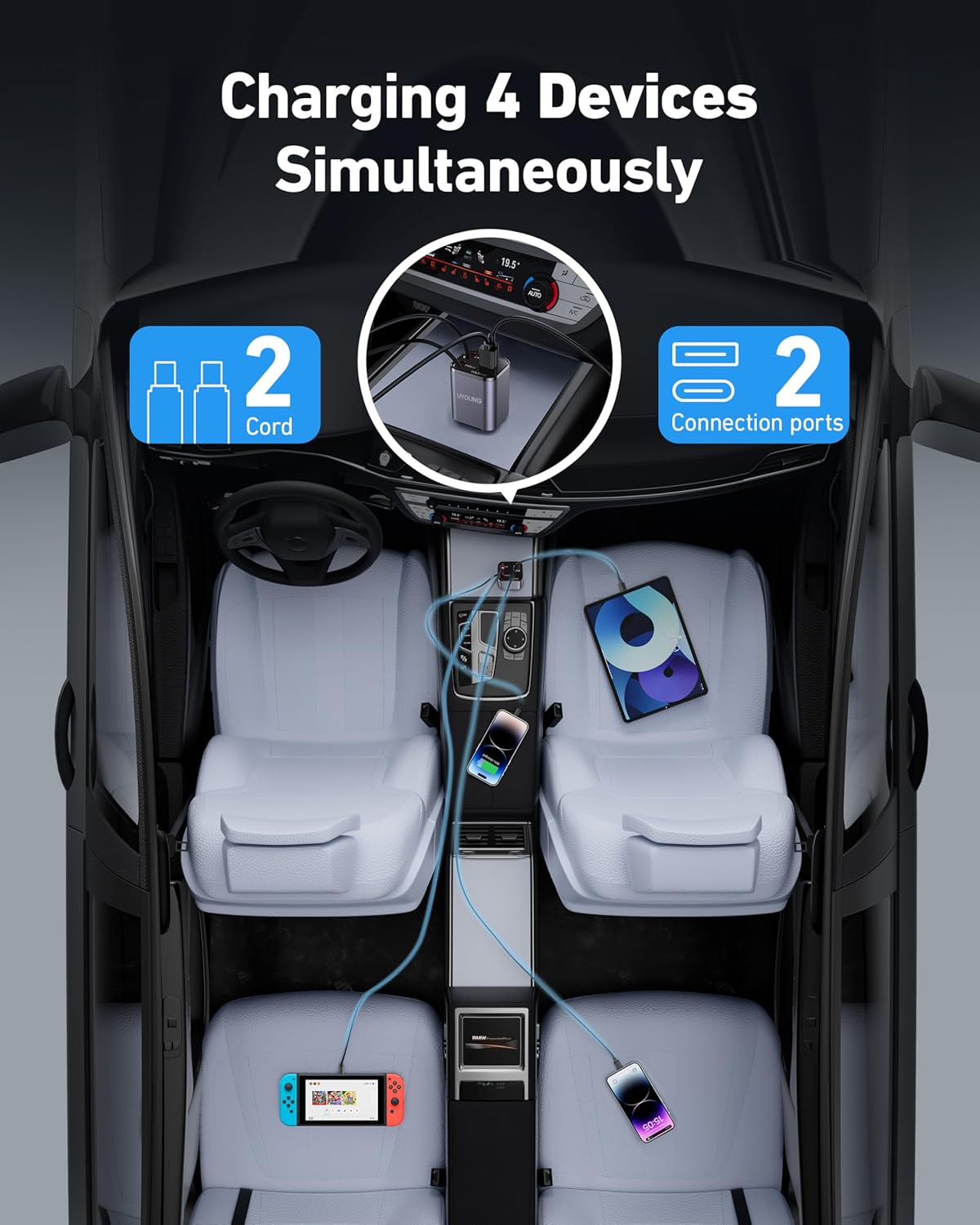 UYOUNG 4-in-1 USB-C Car Charger – Retractable Dual Type-C Cables & 2 USB Ports, Fast Charging for iPhone, Samsung, Android, PD/QC3.0 Compatible, Fits 12V/24V Car Sockets - PuriLite