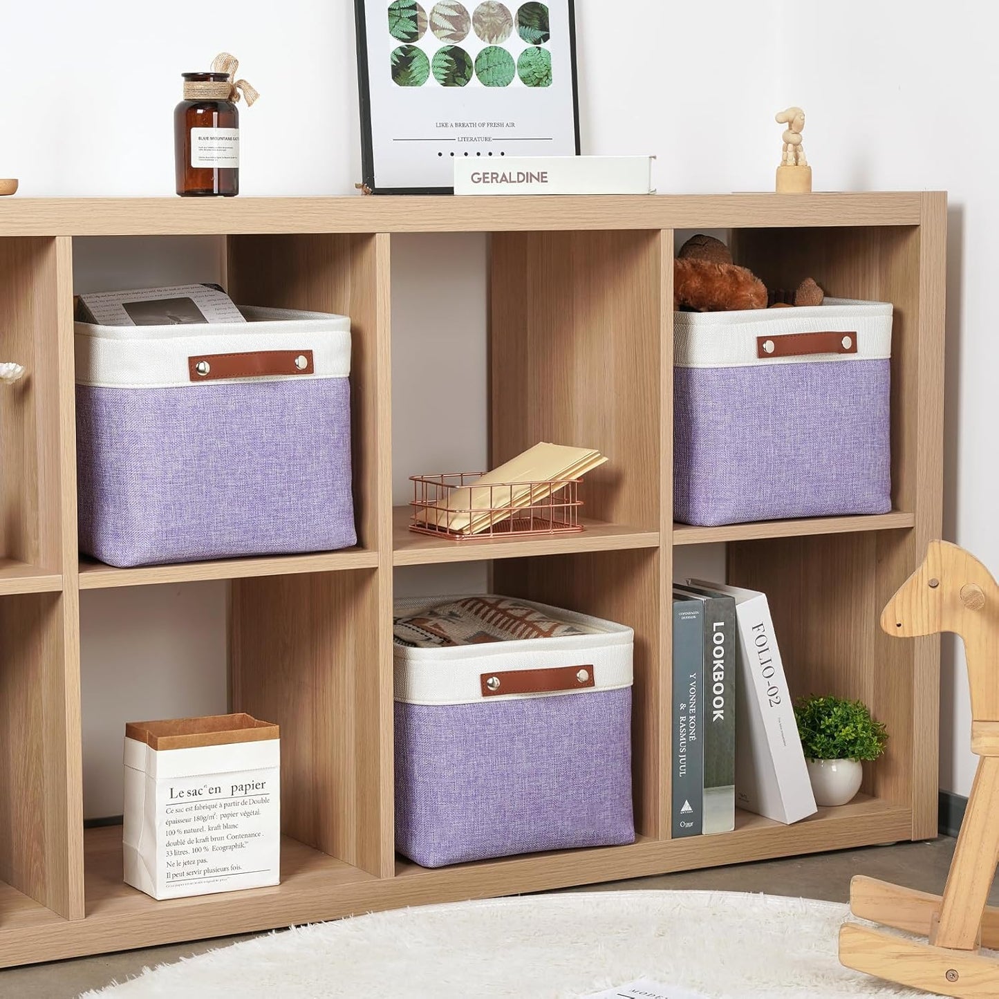 DULLEMELO Storage Baskets for Shelves, Fabric Collapsible Rectangular Storage Bins for Shelves, Closets, Nursery, Home, Office, Empty Gift Baskets (White&Teal)