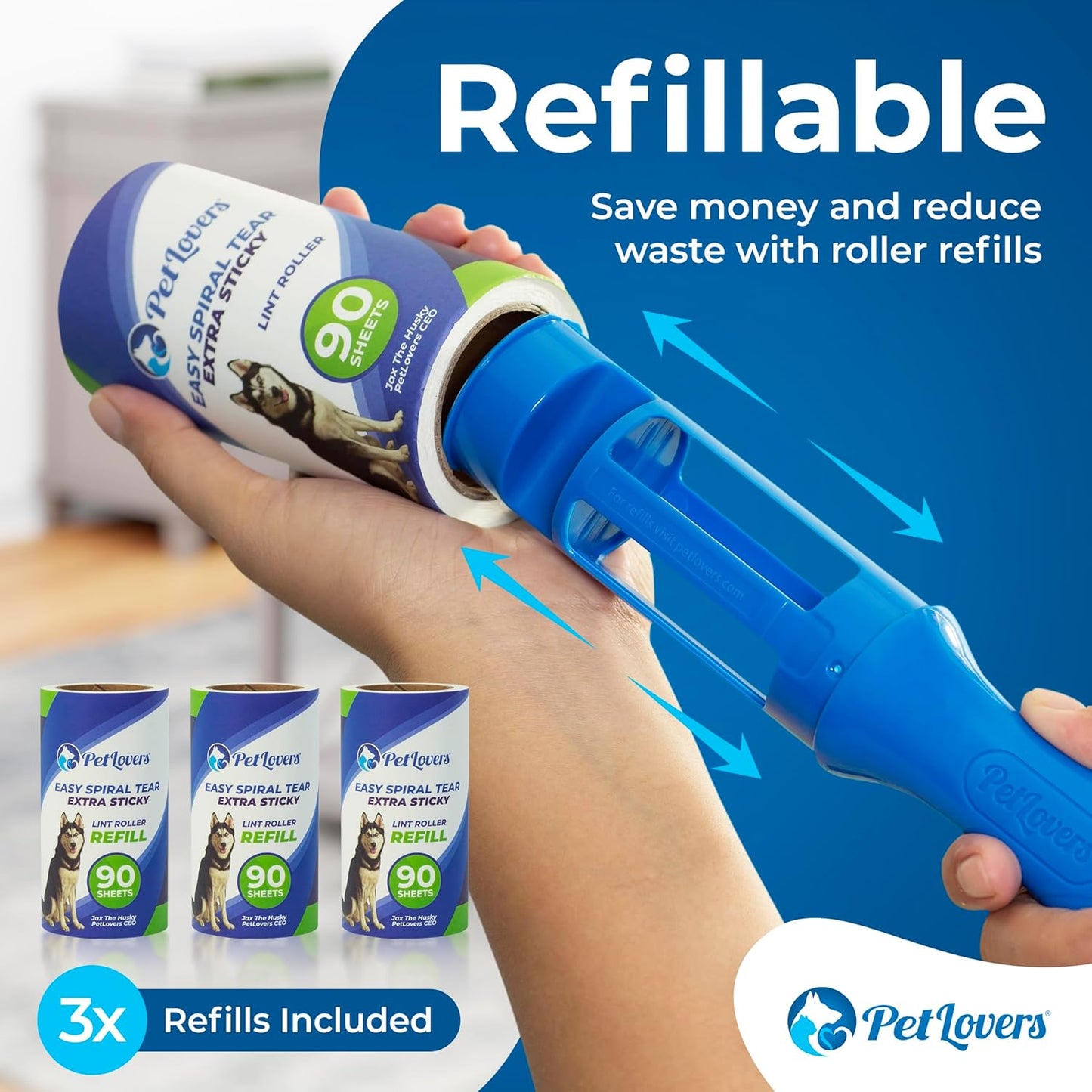 PetLovers Extra Sticky Lint Roller Mega Value Set for Pet Hair Removal, Dog and Cat Lint Remover (1 Pack Reusable)