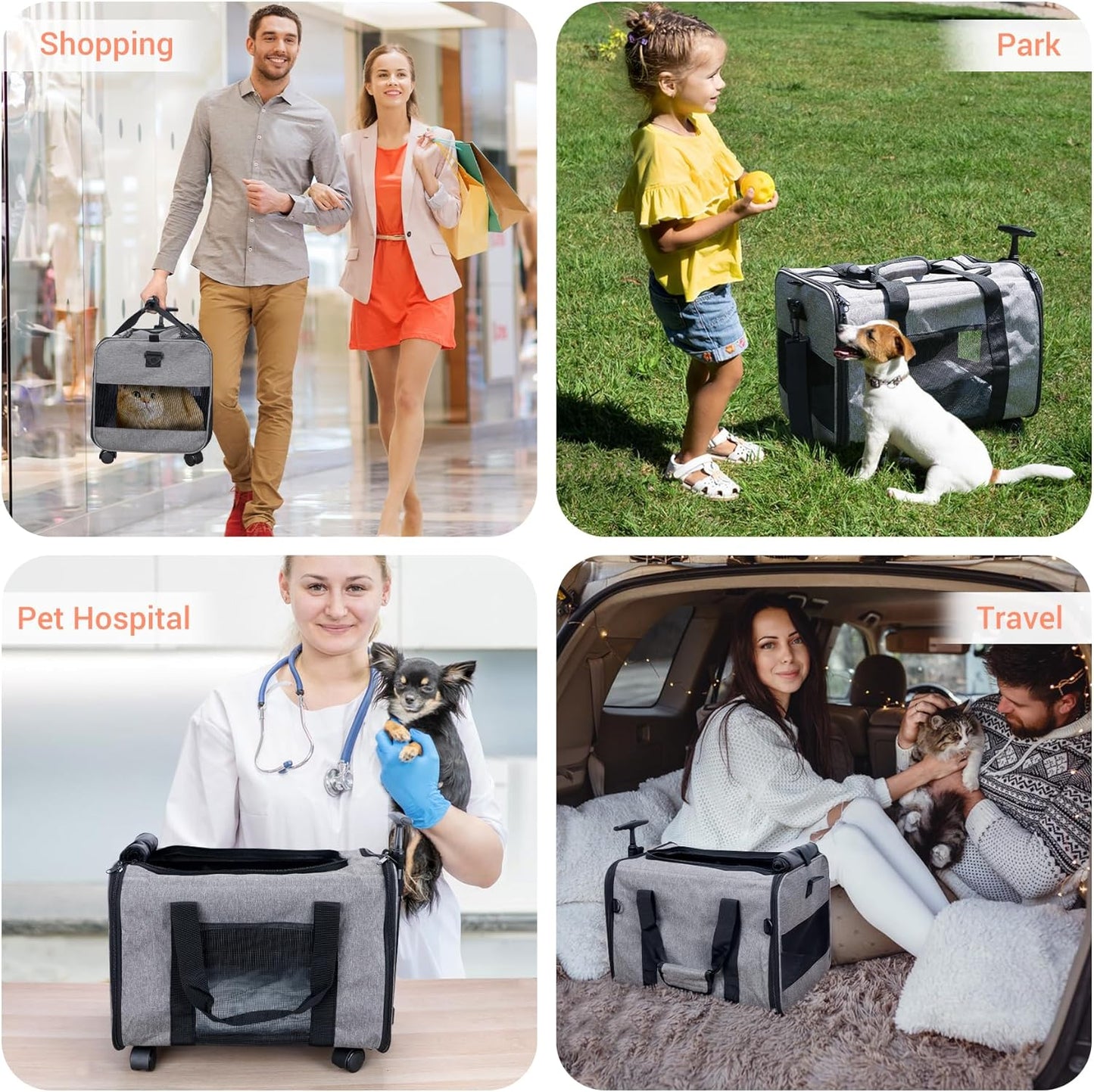 COOLBEBE Cat Dog Carrier with Upgraded Wheel, Collapsible Airline Approved Pet Carriers for Small Dogs and Cats,Soft Animal Travel Carrier Bag for Flight Outdoor Camping (Grey)
