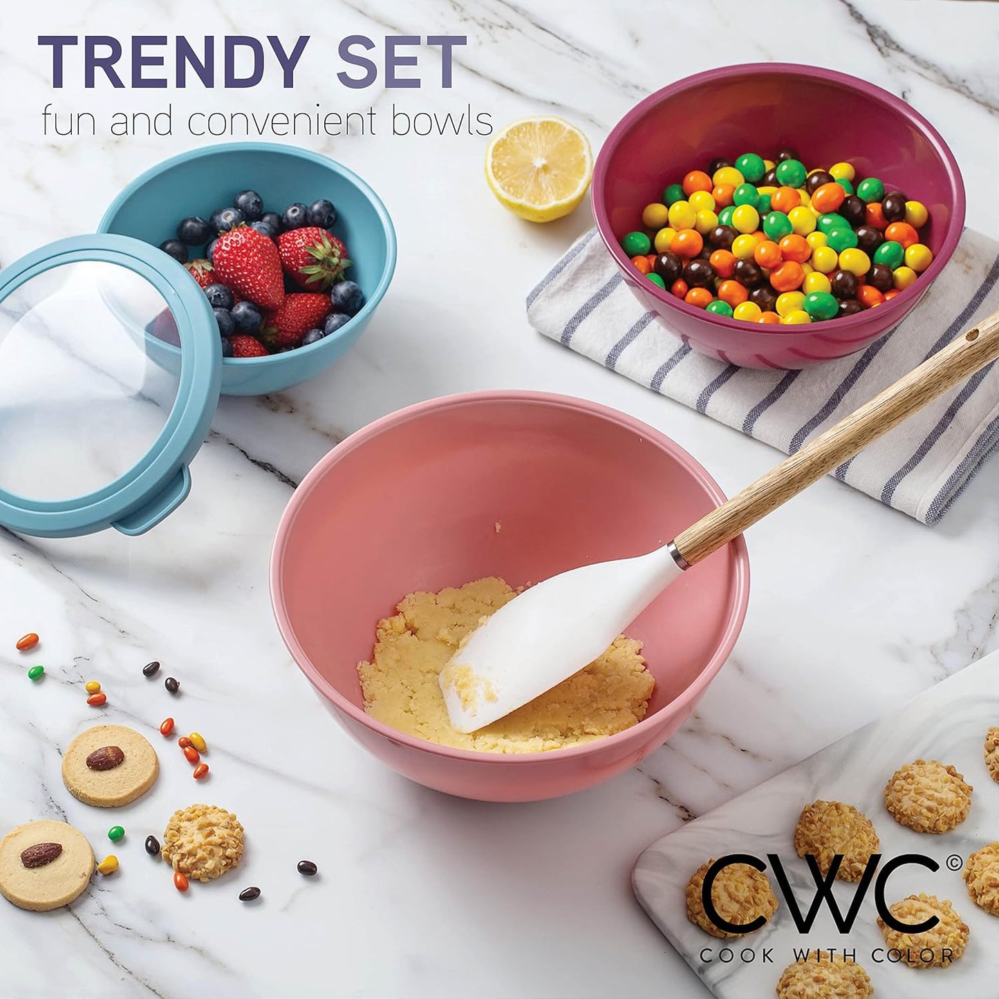 COOK WITH COLOR Mixing Bowls with TPR Lids - 12 Piece Plastic Nesting Bowls Set Includes 6 Prep Bowls and 6 Lids, Microwave Safe Mixing Bowl Set (Green)