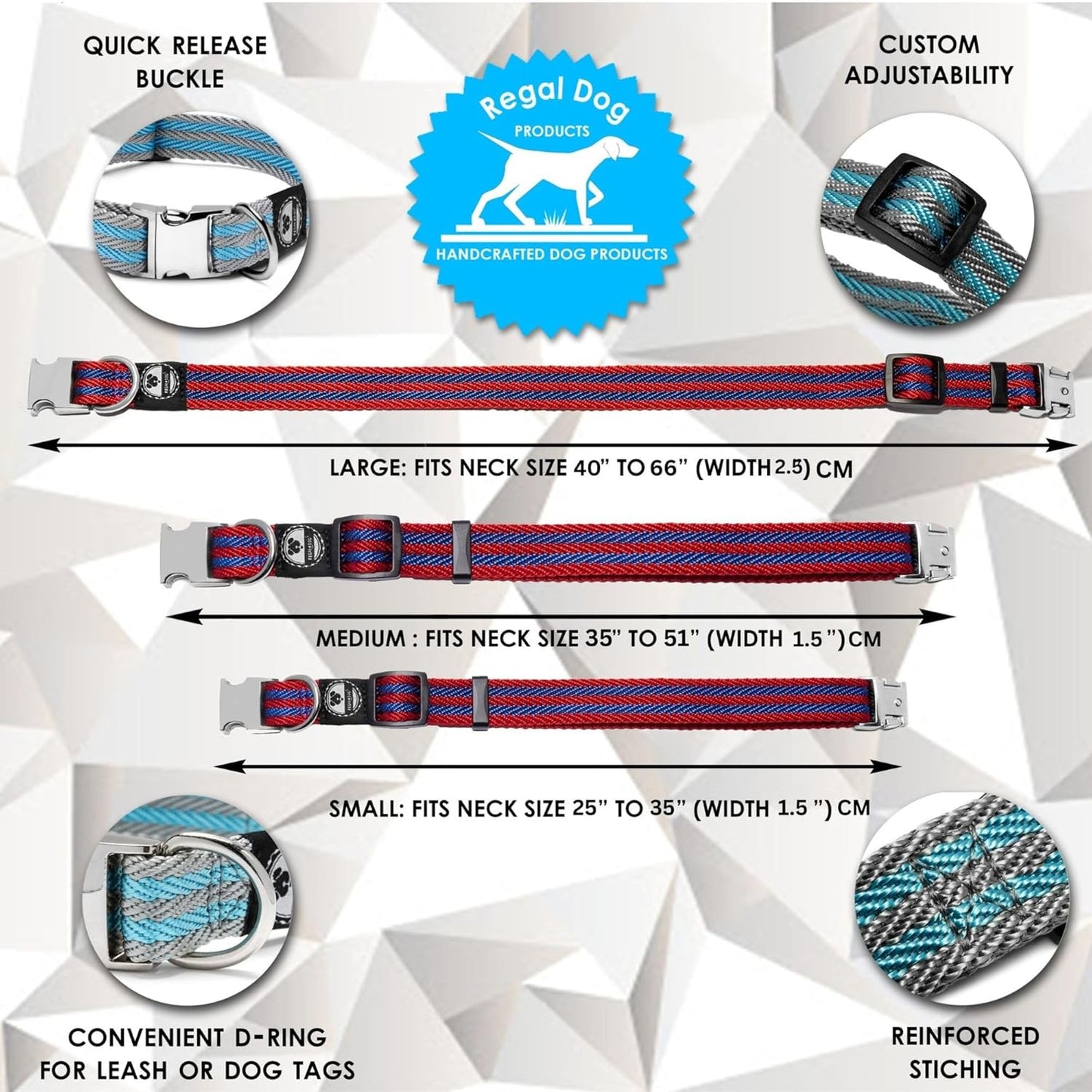 Regal Dog Products Pet Collar with Metal Buckle and D Ring | Durable Dog Collar with Reinforced Metal Clasp and Nylon Webbing Adjustable Dog Collar for Small Dog or Puppy (Small, Blue/Gray Stripe)