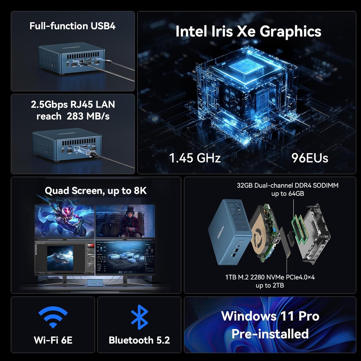 GEEKOM IT12 Mini PC(3-Year Quality Support) with 12th Gen Intel i9-12900HK, NUC 12 Mini Desktop(Up to 5GHz), 32GB DDR4& 1TB M.2 2280 NVMe Gen4*4 SSD, Win11 Pro, 8K/Quad Display/USB4/WiFi 6E/BT5.2