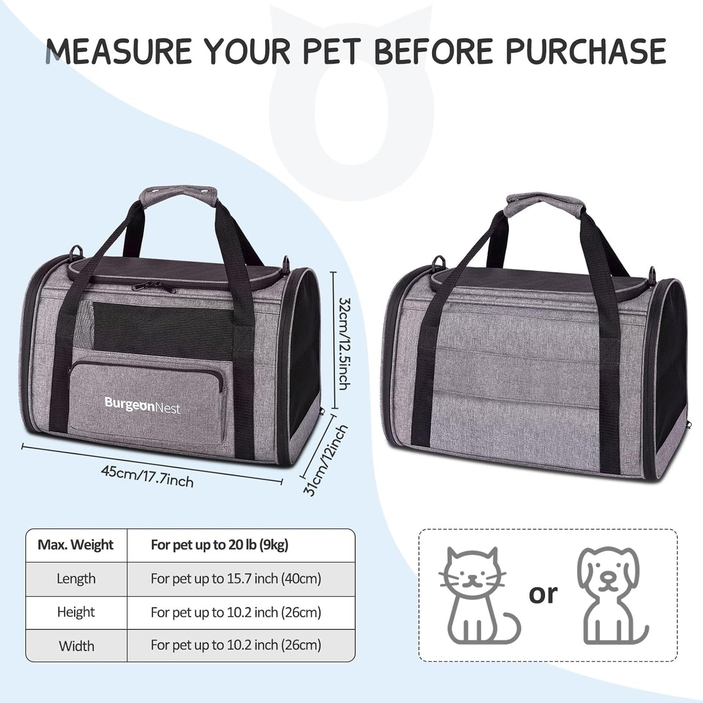 BurgeonNest Cat Carriers for Medium Cats Under 25 lbs, Pet Carrier for Cats with Unique Side Bag,Top Load Small Pet Carrier Soft-Sided Escape Proof with 4 Ventilated Windows
