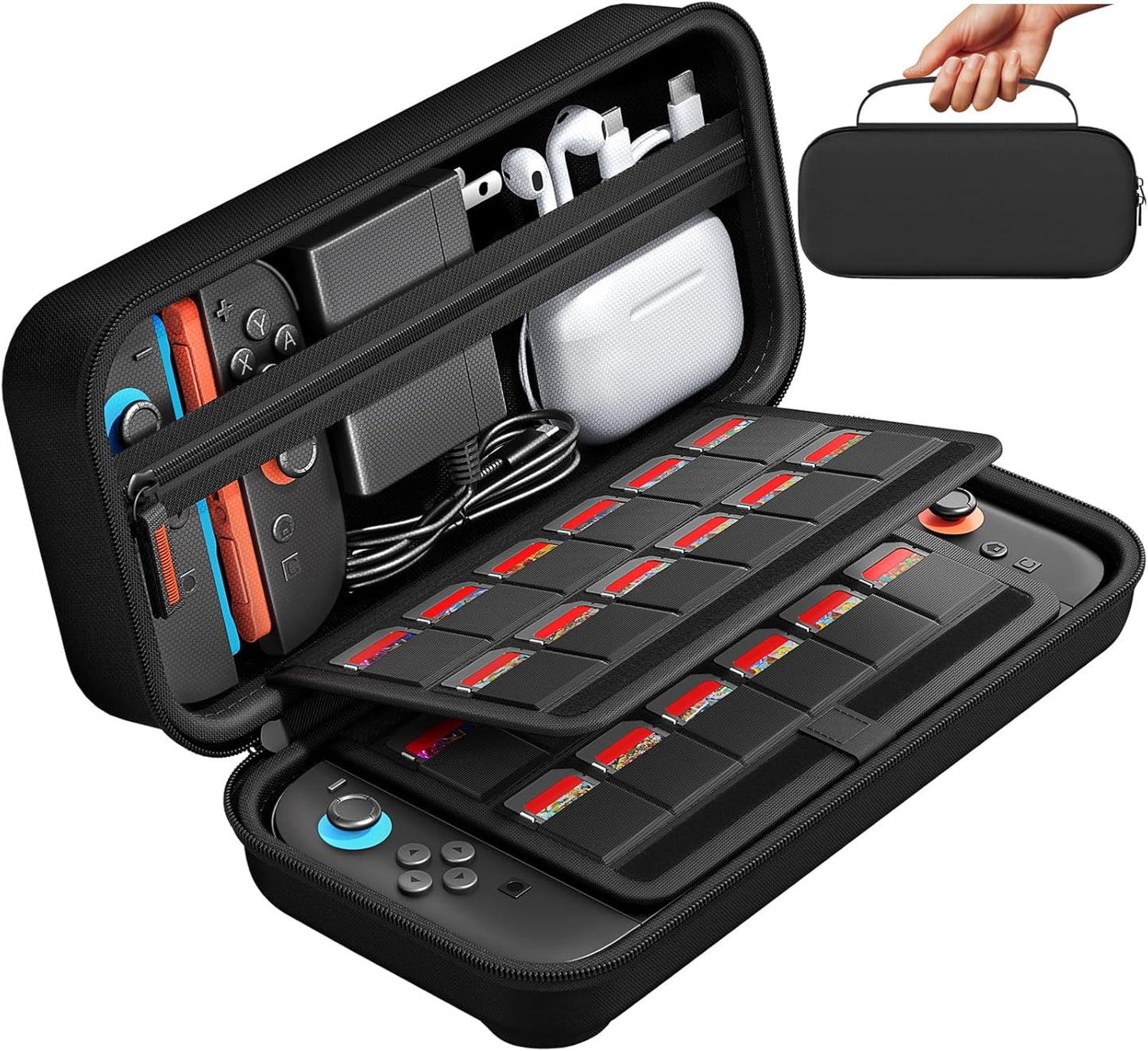 Daydayup Switch Carrying Case Compatible with Nintendo Switch/Switch OLED, with 20 Games Cartridges Protective Hard Shell Travel Carrying Case Pouch for Console & Accessories, Black