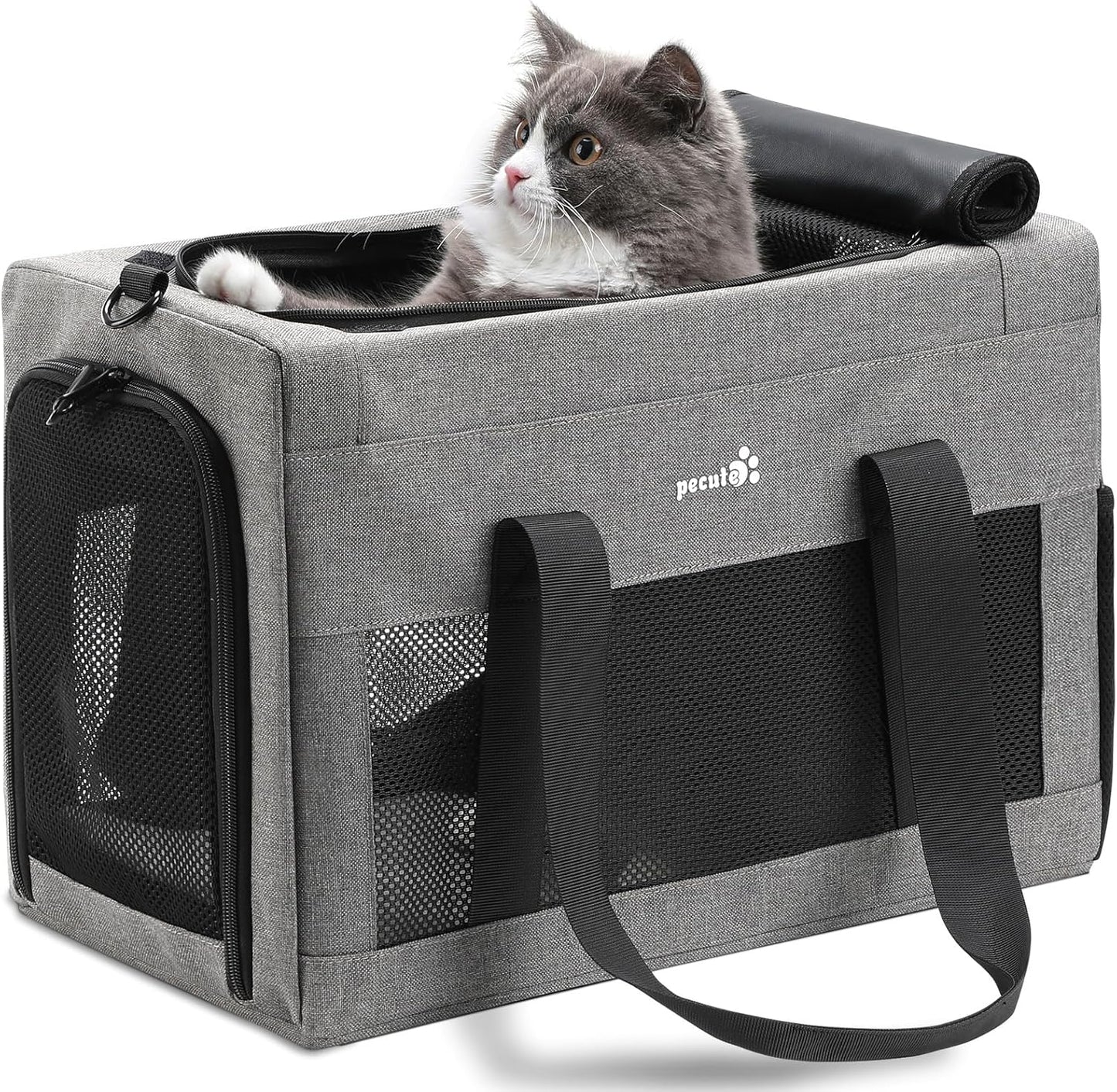 Pecute Cat Carrier Airline Approved, Thickened 5mm Steel Wire Frame, Stable Dog Carrier for Small Dogs, Breathable Foldable Pet Carrier with Sunshade, Suitable for Pets up to 5kg/11lbs (Dark Gray)
