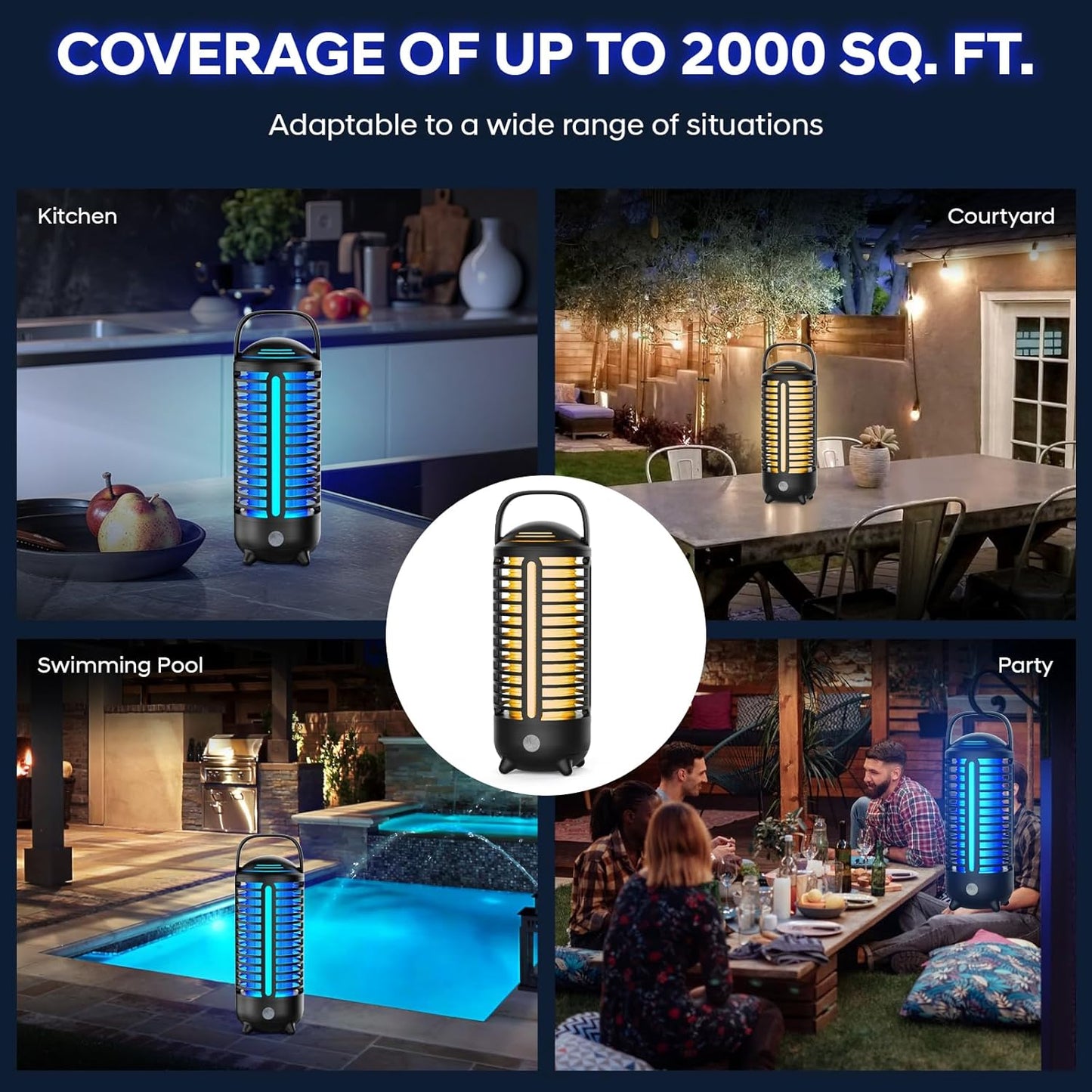 Bug Zapper Outdoor, Rechargeable Mosquito Zapper Indoor with LED Light, Portable IP66 Waterproof 3600mAh Electric Fly Zapper with Hook for Home, Garden, Patio, Backyard - Black